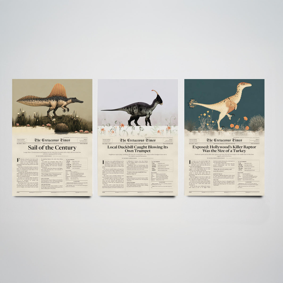 Dinosaur Newspaper Set of Three Art Prints - Spinosaurus, Parasaurolophus, Velociraptor - Cretaceous Times Poster Illustration V1