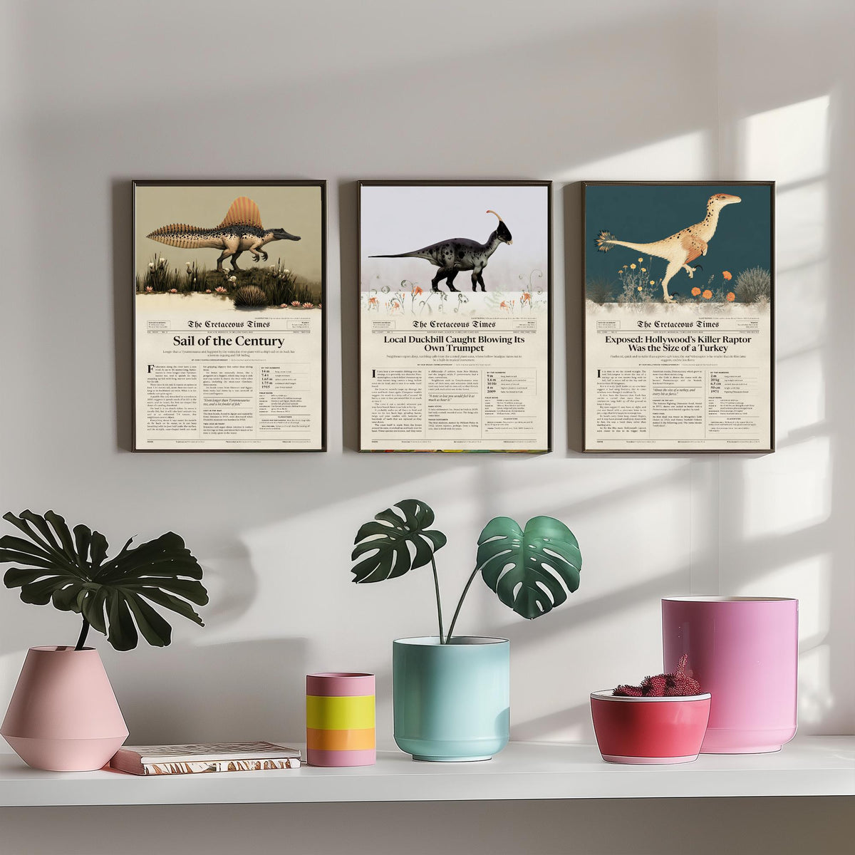 Dinosaur Newspaper Set of Three Art Prints - Spinosaurus, Parasaurolophus, Velociraptor - Cretaceous Times Poster Illustration V1