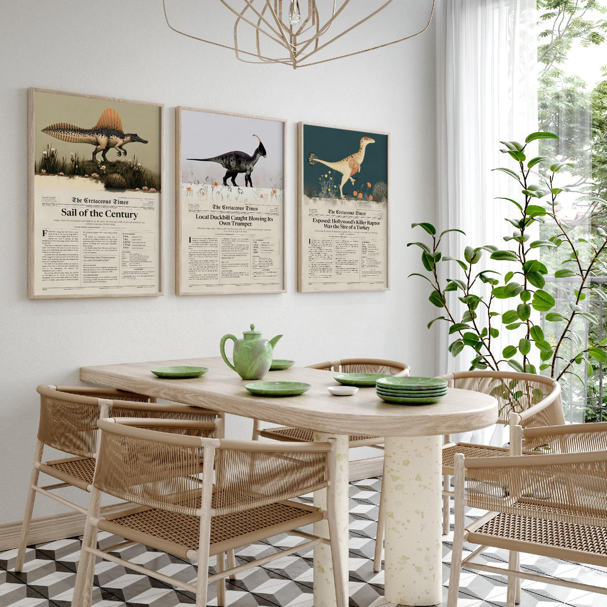 Dinosaur Newspaper Set of Three Art Prints - Spinosaurus, Parasaurolophus, Velociraptor - Cretaceous Times Poster Illustration V1