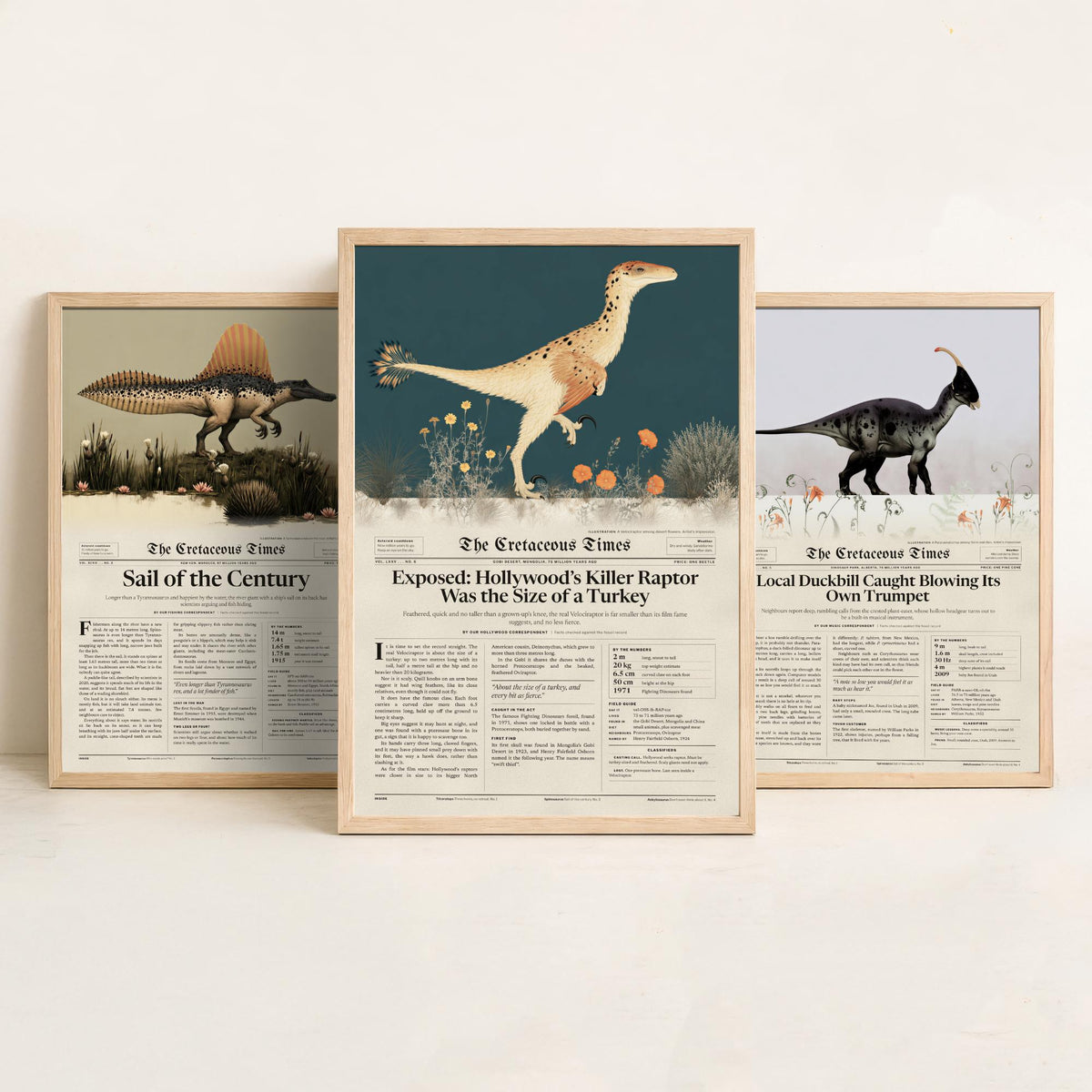 Dinosaur Newspaper Set of Three Art Prints - Spinosaurus, Parasaurolophus, Velociraptor - Cretaceous Times Poster Illustration V1