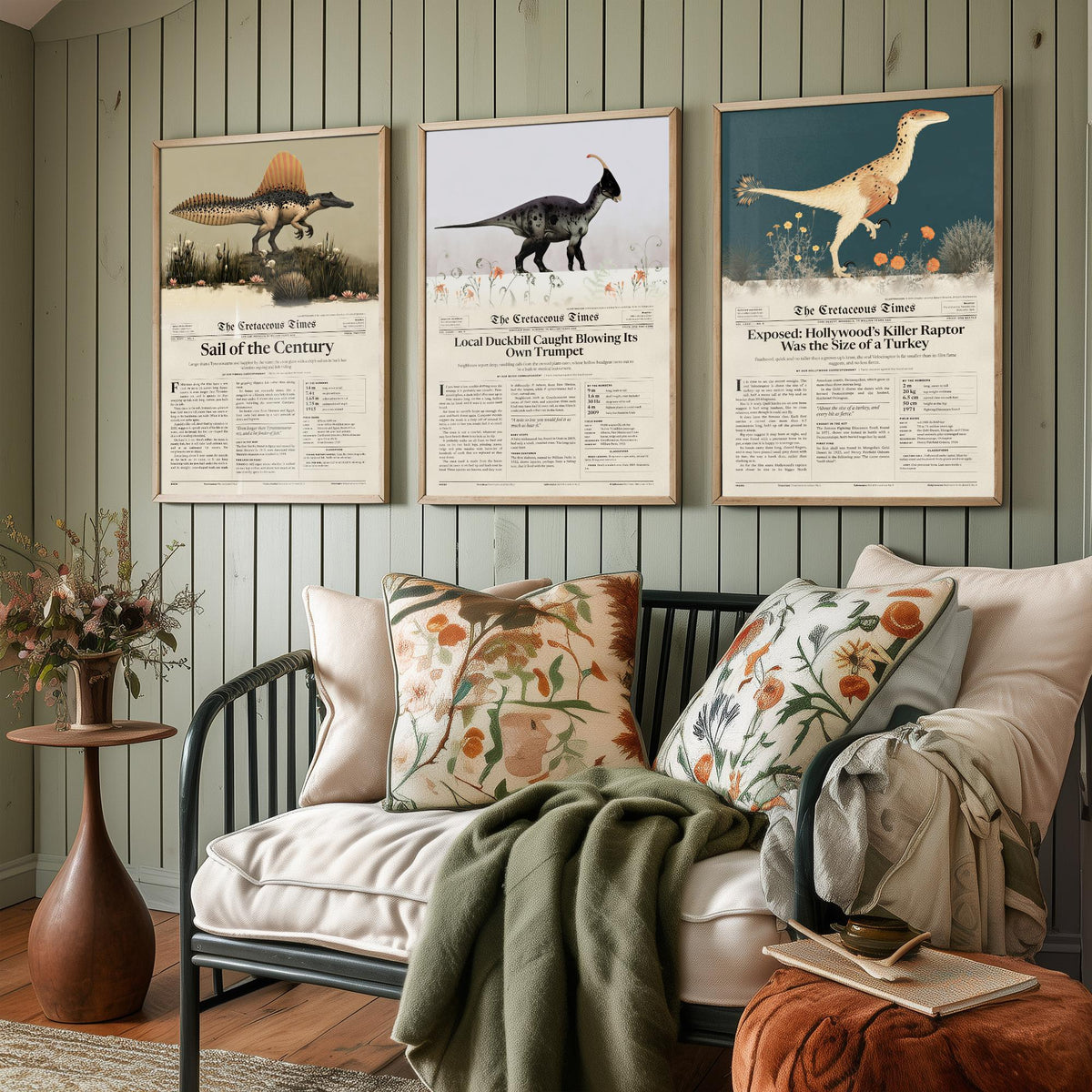 Dinosaur Newspaper Set of Three Art Prints - Spinosaurus, Parasaurolophus, Velociraptor - Cretaceous Times Poster Illustration V1