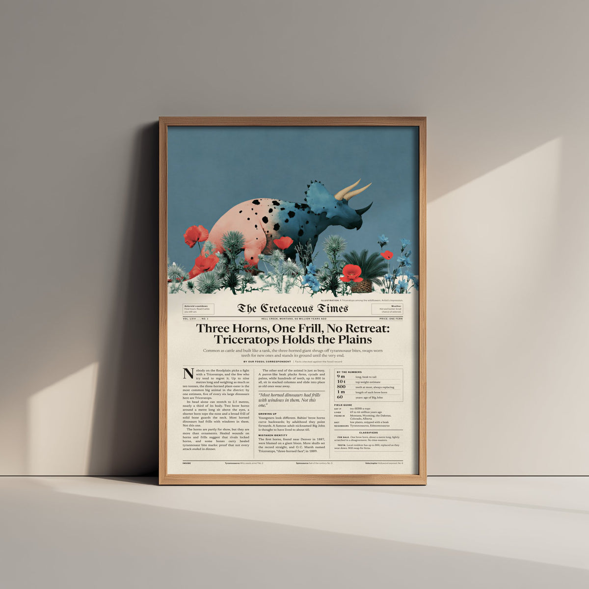 Triceratops Art Print - Three Horns One Frill No Retreat - Cretaceous Times Dinosaur Newspaper Poster Illustration