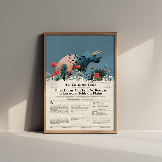 Triceratops Art Print - Three Horns One Frill No Retreat - Cretaceous Times Dinosaur Newspaper Poster Illustration