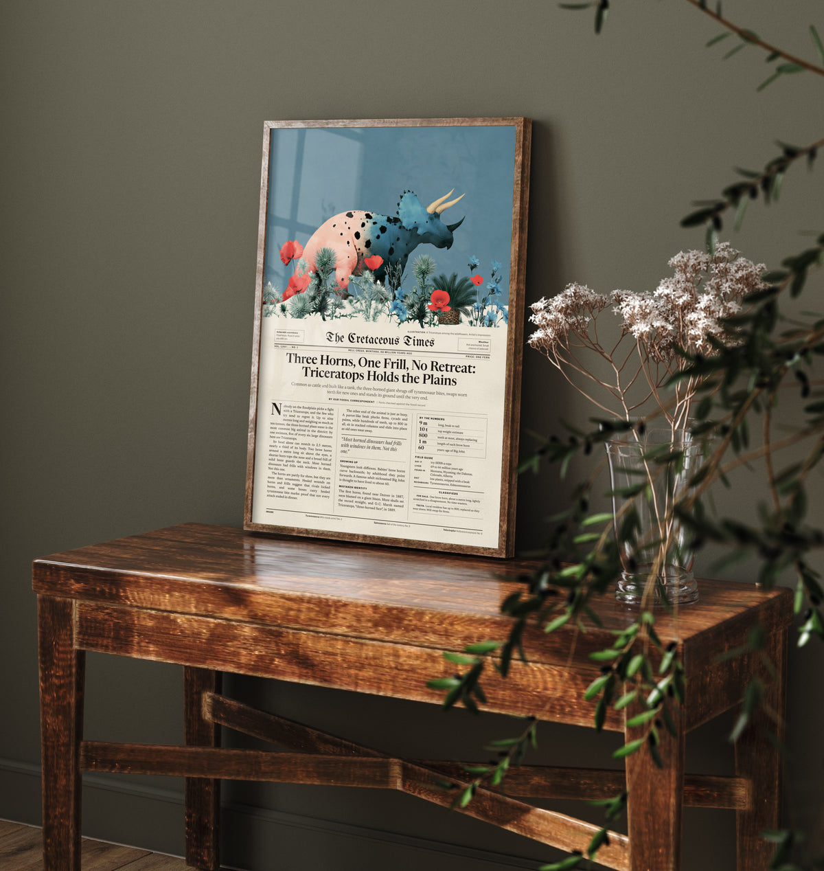Triceratops Art Print - Three Horns One Frill No Retreat - Cretaceous Times Dinosaur Newspaper Poster Illustration