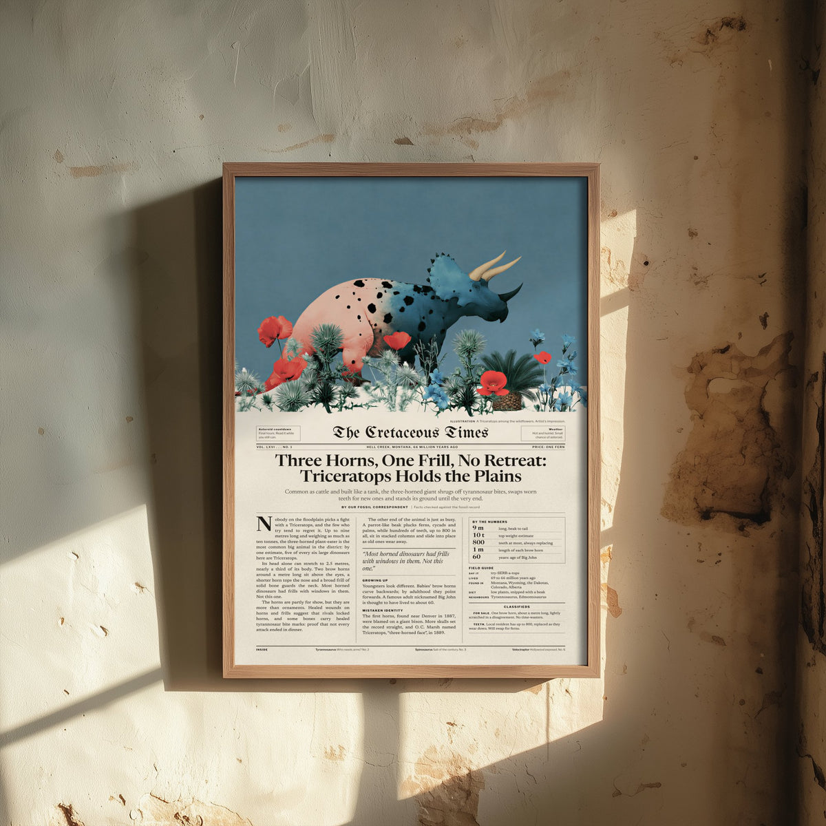 Triceratops Art Print - Three Horns One Frill No Retreat - Cretaceous Times Dinosaur Newspaper Poster Illustration