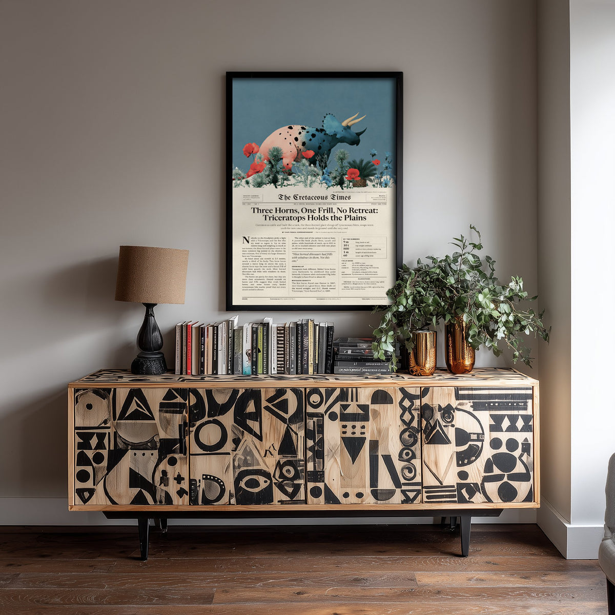 Triceratops Art Print - Three Horns One Frill No Retreat - Cretaceous Times Dinosaur Newspaper Poster Illustration