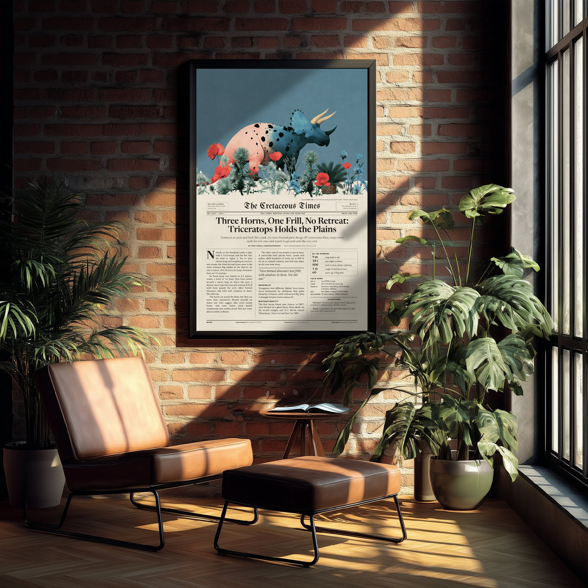 Triceratops Art Print - Three Horns One Frill No Retreat - Cretaceous Times Dinosaur Newspaper Poster Illustration