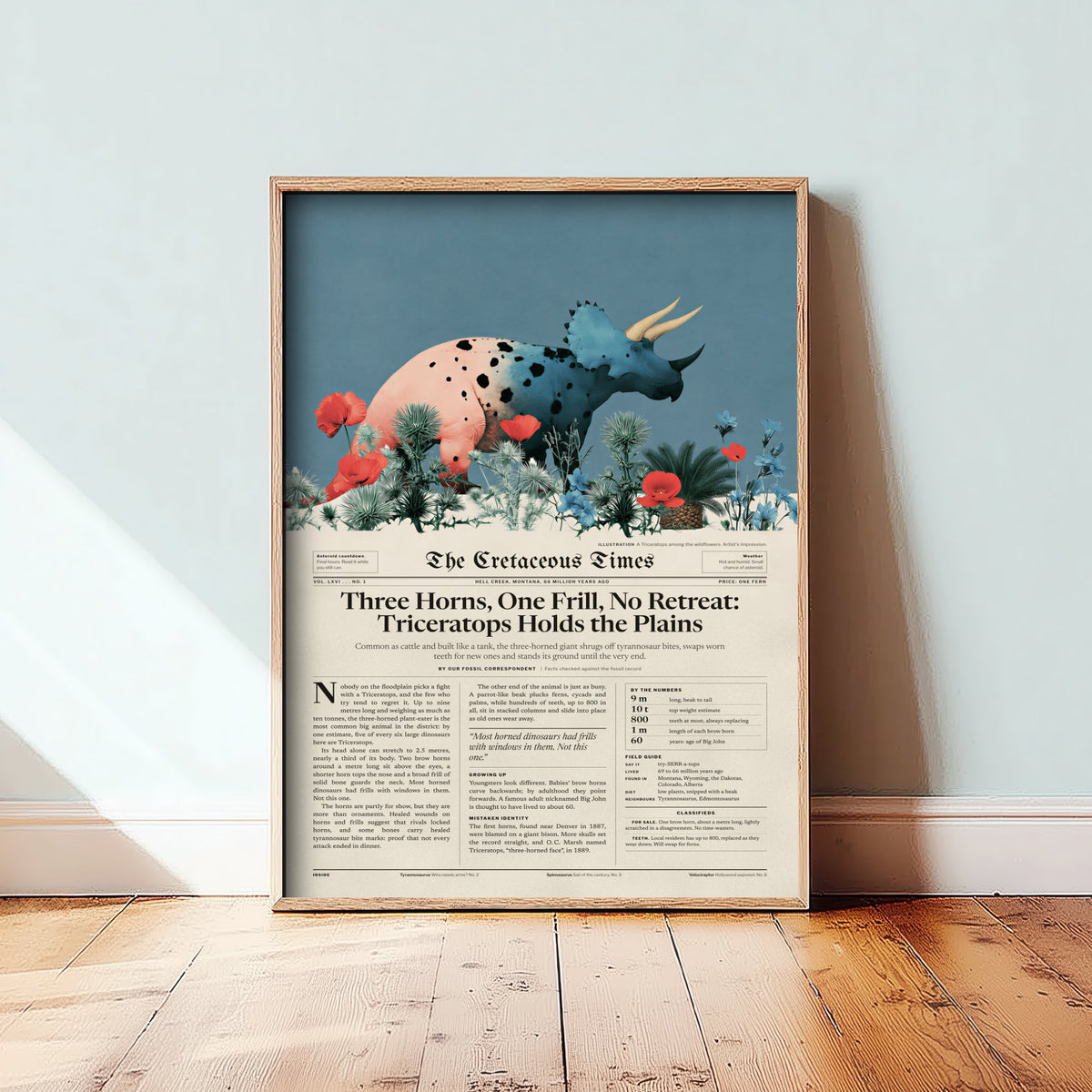 Triceratops Art Print - Three Horns One Frill No Retreat - Cretaceous Times Dinosaur Newspaper Poster Illustration