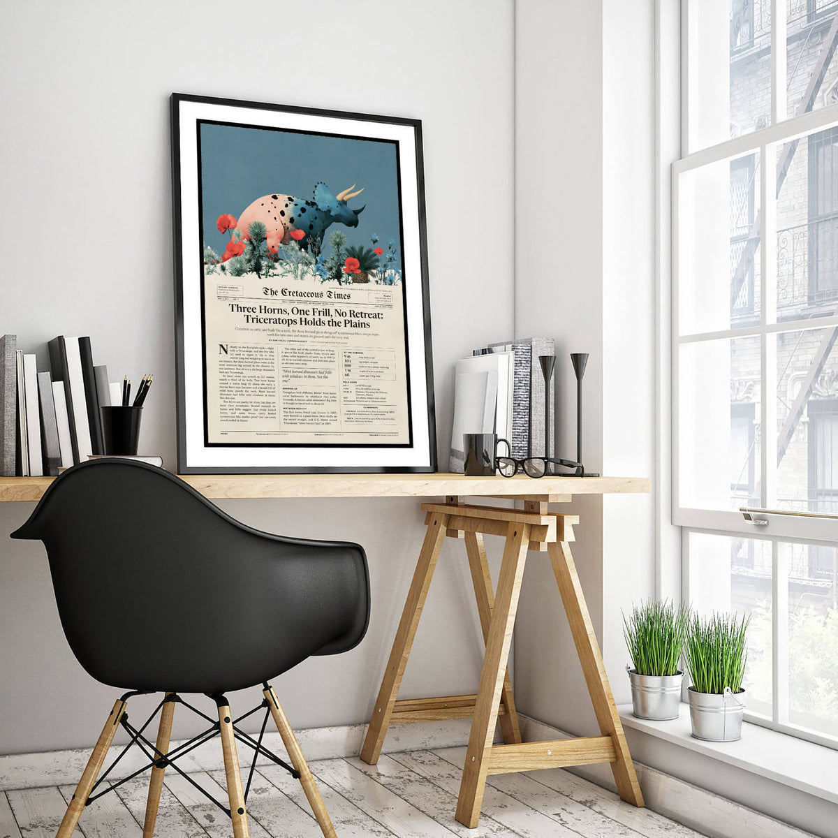 Triceratops Art Print - Three Horns One Frill No Retreat - Cretaceous Times Dinosaur Newspaper Poster Illustration