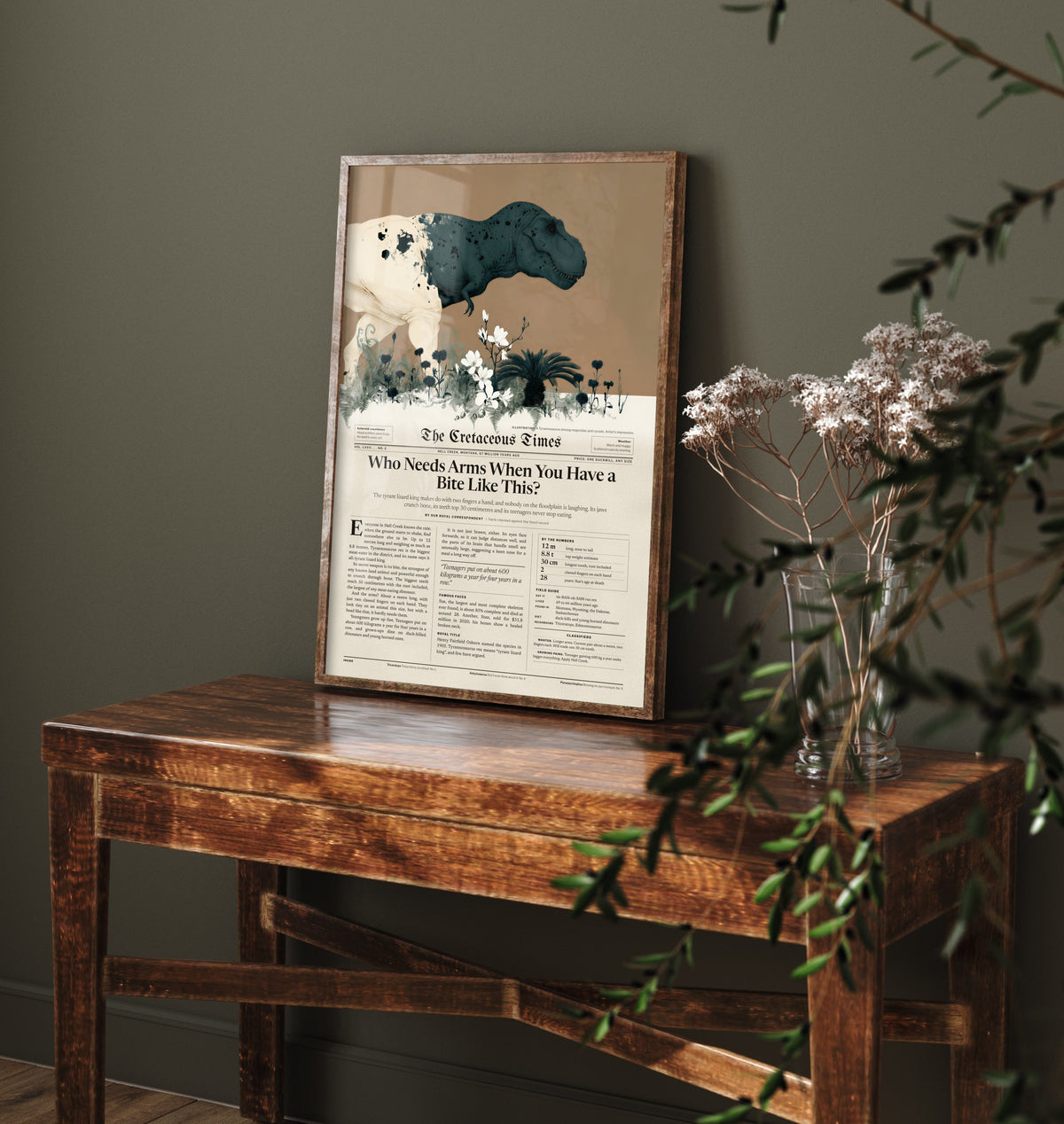 Tyrannosaurus Rex Art Print - Who Needs Arms When You Have a Bite Like This - Dinosaur Newspaper Poster Illustration
