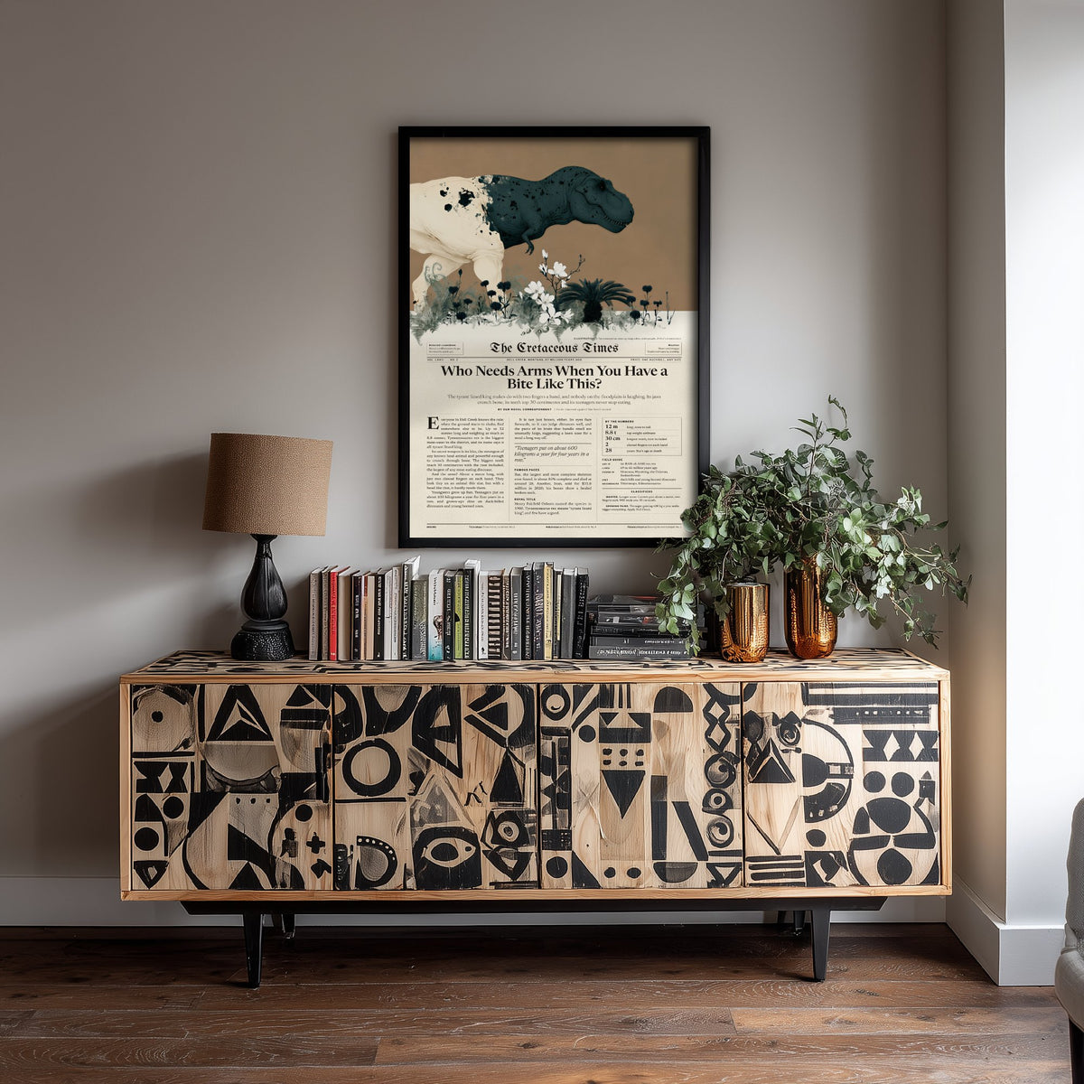 Tyrannosaurus Rex Art Print - Who Needs Arms When You Have a Bite Like This - Dinosaur Newspaper Poster Illustration