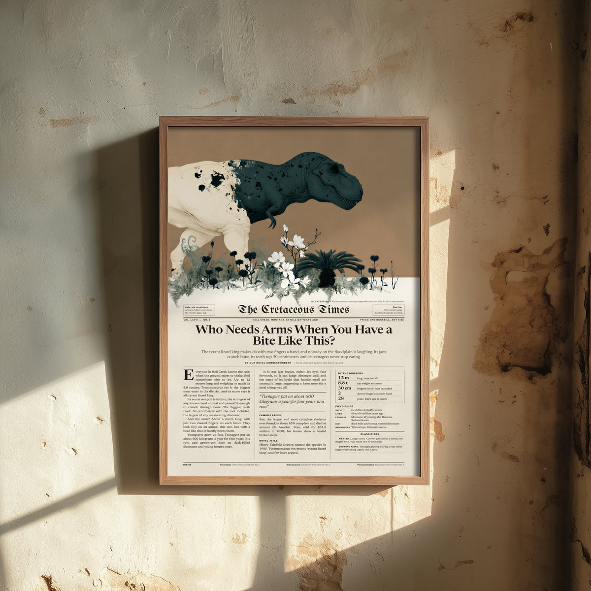 Tyrannosaurus Rex Art Print - Who Needs Arms When You Have a Bite Like This - Dinosaur Newspaper Poster Illustration