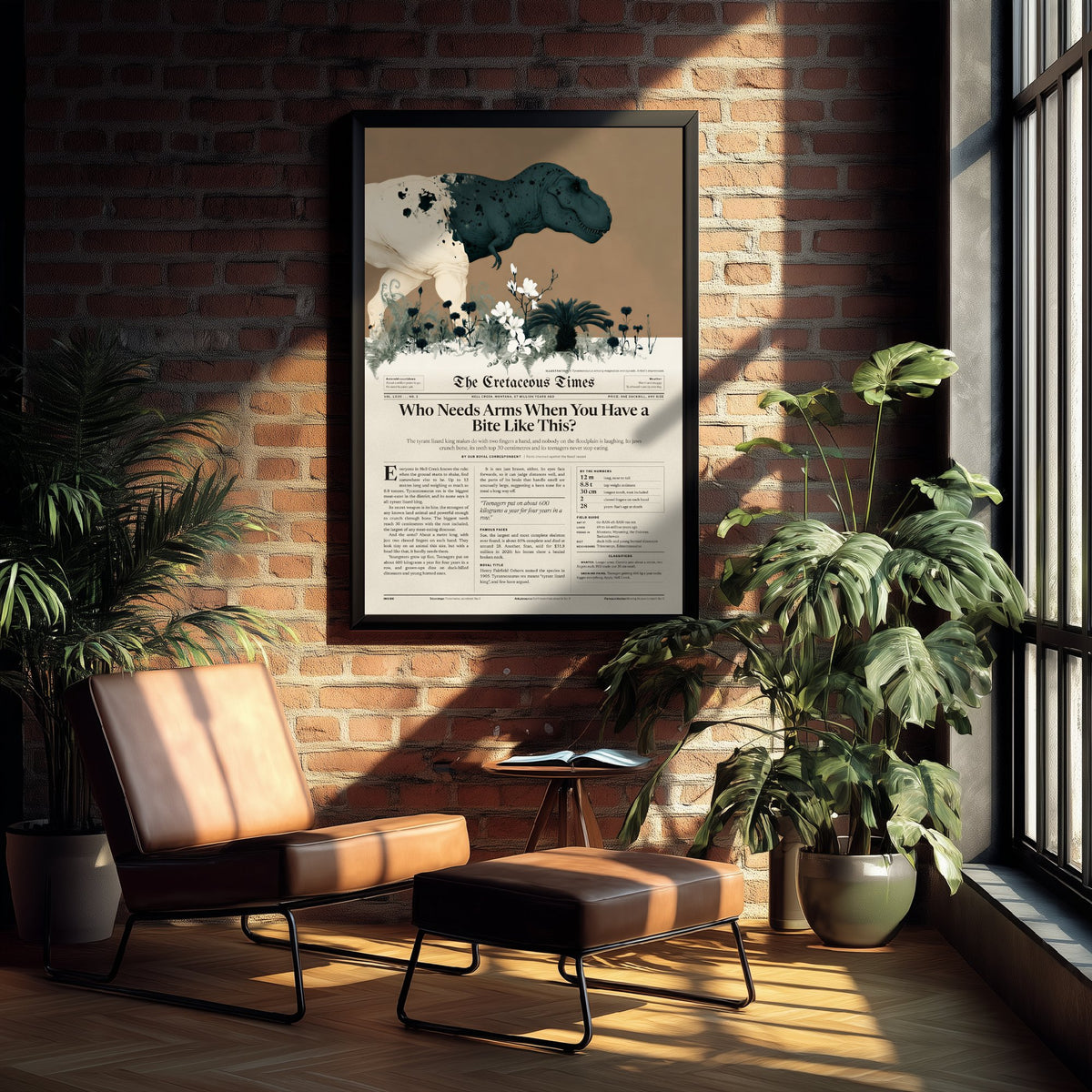 Tyrannosaurus Rex Art Print - Who Needs Arms When You Have a Bite Like This - Dinosaur Newspaper Poster Illustration