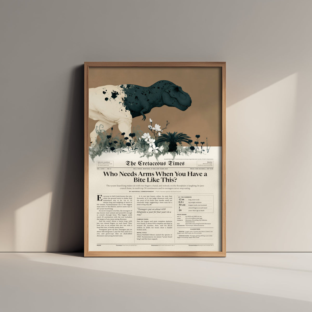 Tyrannosaurus Rex Art Print - Who Needs Arms When You Have a Bite Like This - Dinosaur Newspaper Poster Illustration