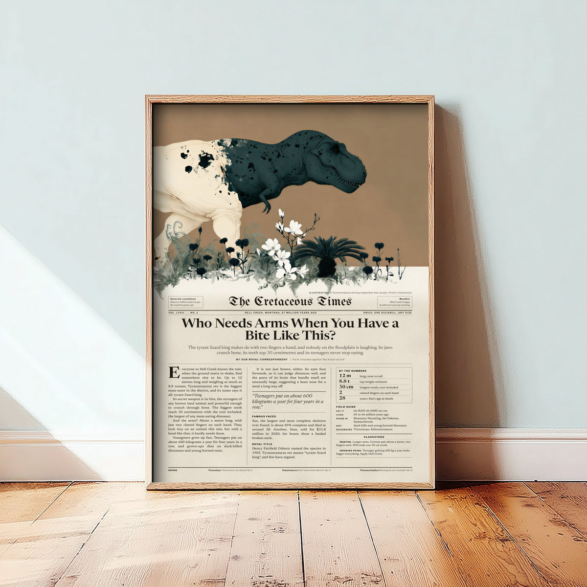 Tyrannosaurus Rex Art Print - Who Needs Arms When You Have a Bite Like This - Dinosaur Newspaper Poster Illustration