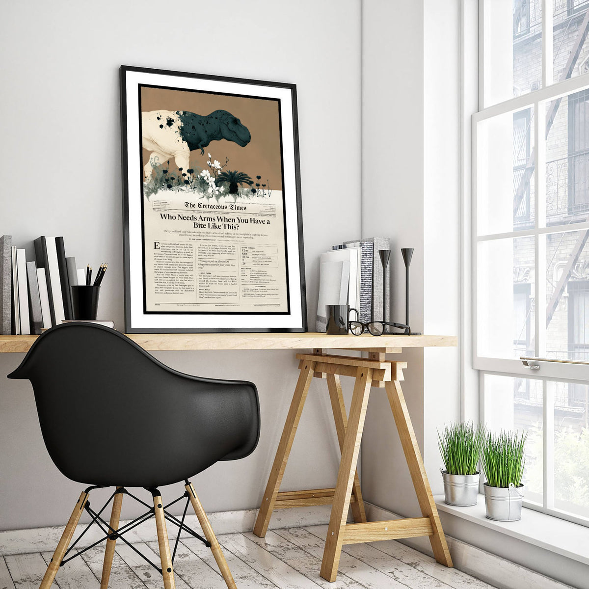 Tyrannosaurus Rex Art Print - Who Needs Arms When You Have a Bite Like This - Dinosaur Newspaper Poster Illustration