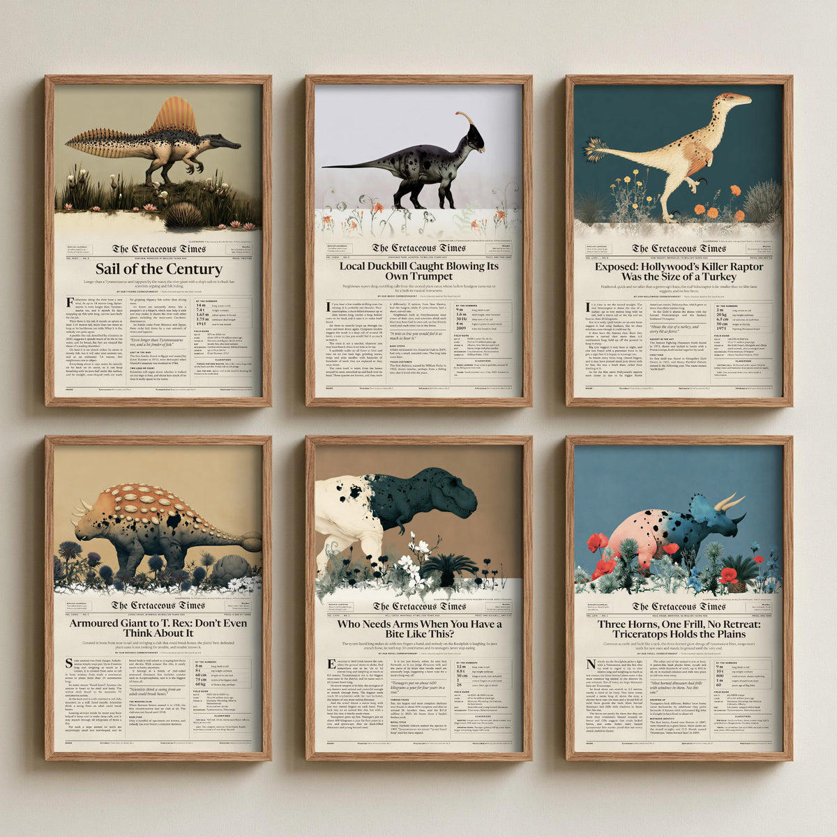 Set of Six Dinosaur Newspaper Art Prints - Cretaceous Times T Rex, Triceratops, Spinosaurus, Velociraptor - Poster Illustration
