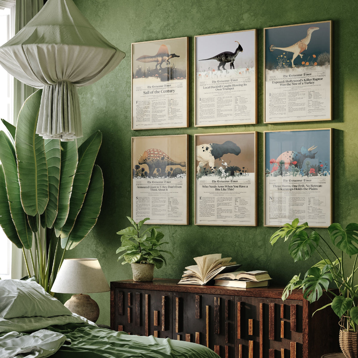 Set of Six Dinosaur Newspaper Art Prints - Cretaceous Times T Rex, Triceratops, Spinosaurus, Velociraptor - Poster Illustration