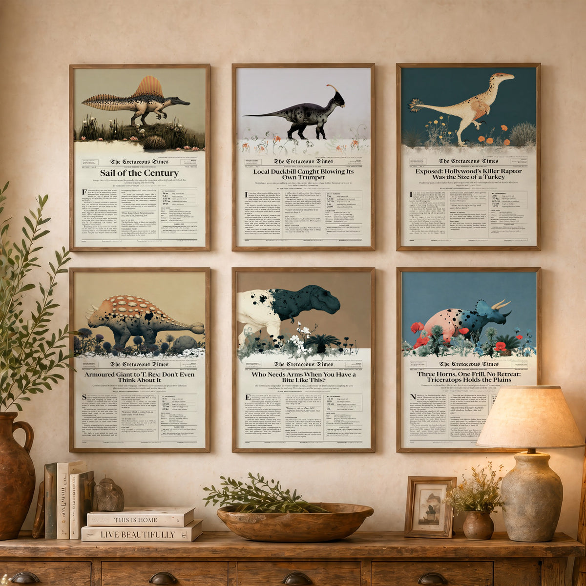 Set of Six Dinosaur Newspaper Art Prints - Cretaceous Times T Rex, Triceratops, Spinosaurus, Velociraptor - Poster Illustration