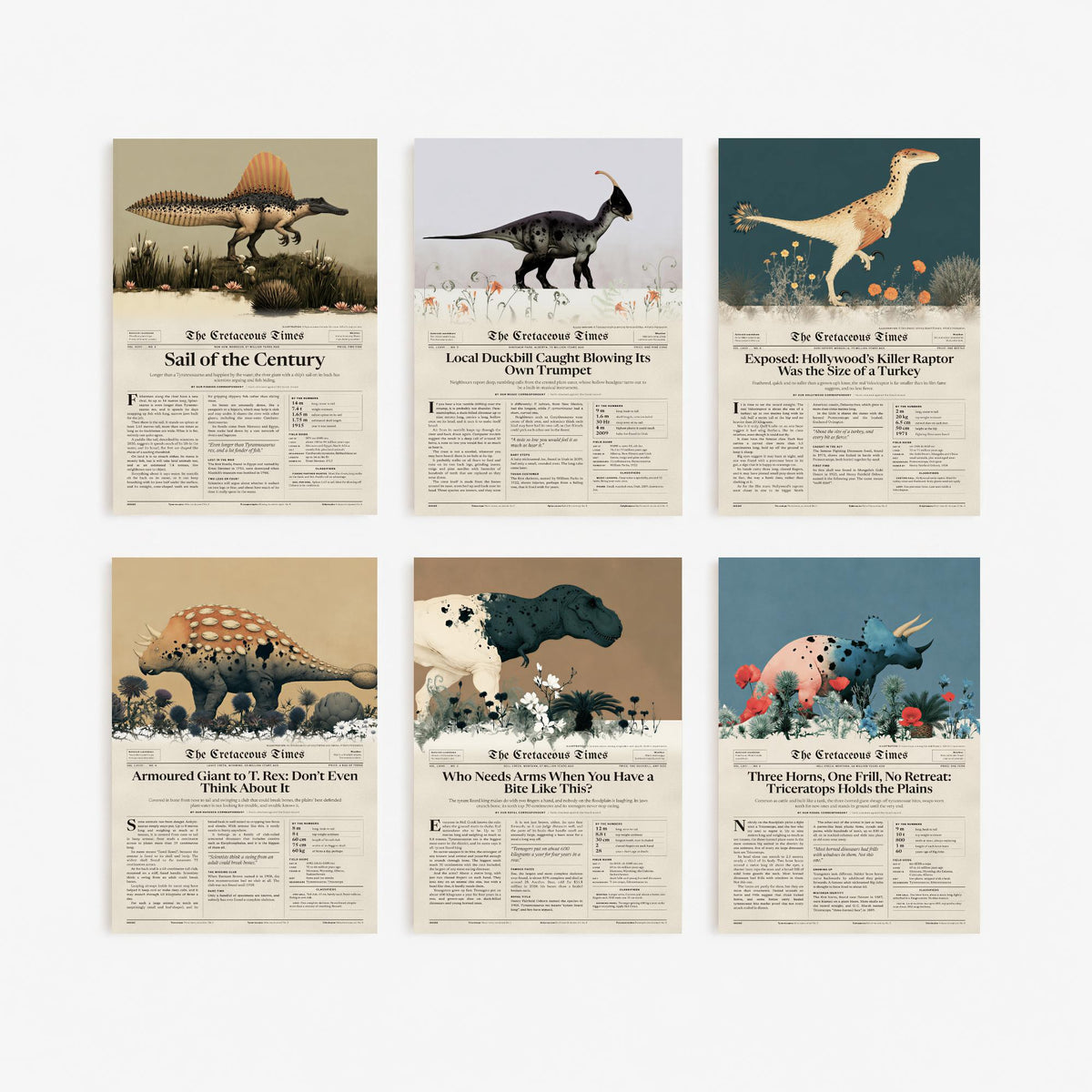 Set of Six Dinosaur Newspaper Art Prints - Cretaceous Times T Rex, Triceratops, Spinosaurus, Velociraptor - Poster Illustration