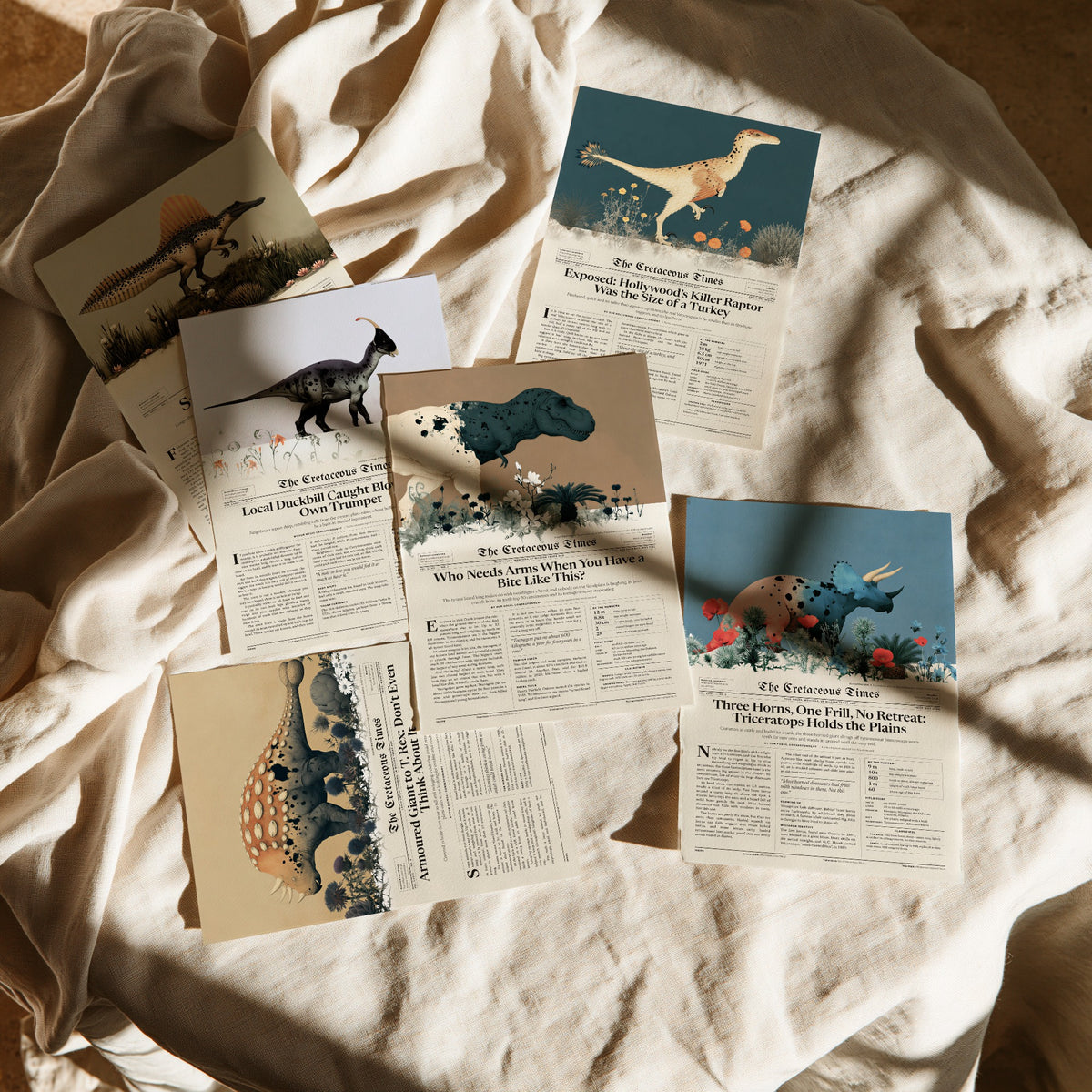 Set of Six Dinosaur Newspaper Art Prints - Cretaceous Times T Rex, Triceratops, Spinosaurus, Velociraptor - Poster Illustration