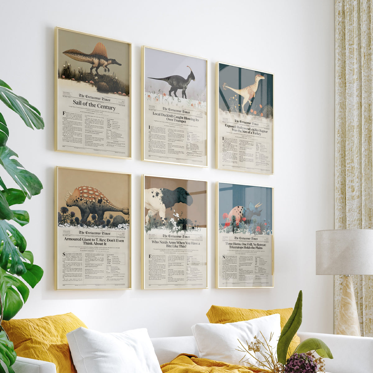 Set of Six Dinosaur Newspaper Art Prints - Cretaceous Times T Rex, Triceratops, Spinosaurus, Velociraptor - Poster Illustration