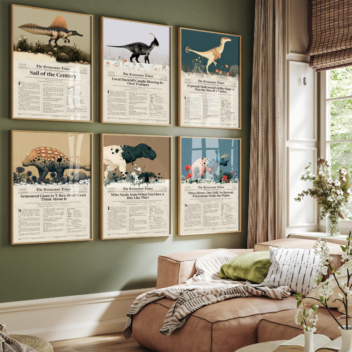 Set of Six Dinosaur Newspaper Art Prints - Cretaceous Times T Rex, Triceratops, Spinosaurus, Velociraptor - Poster Illustration