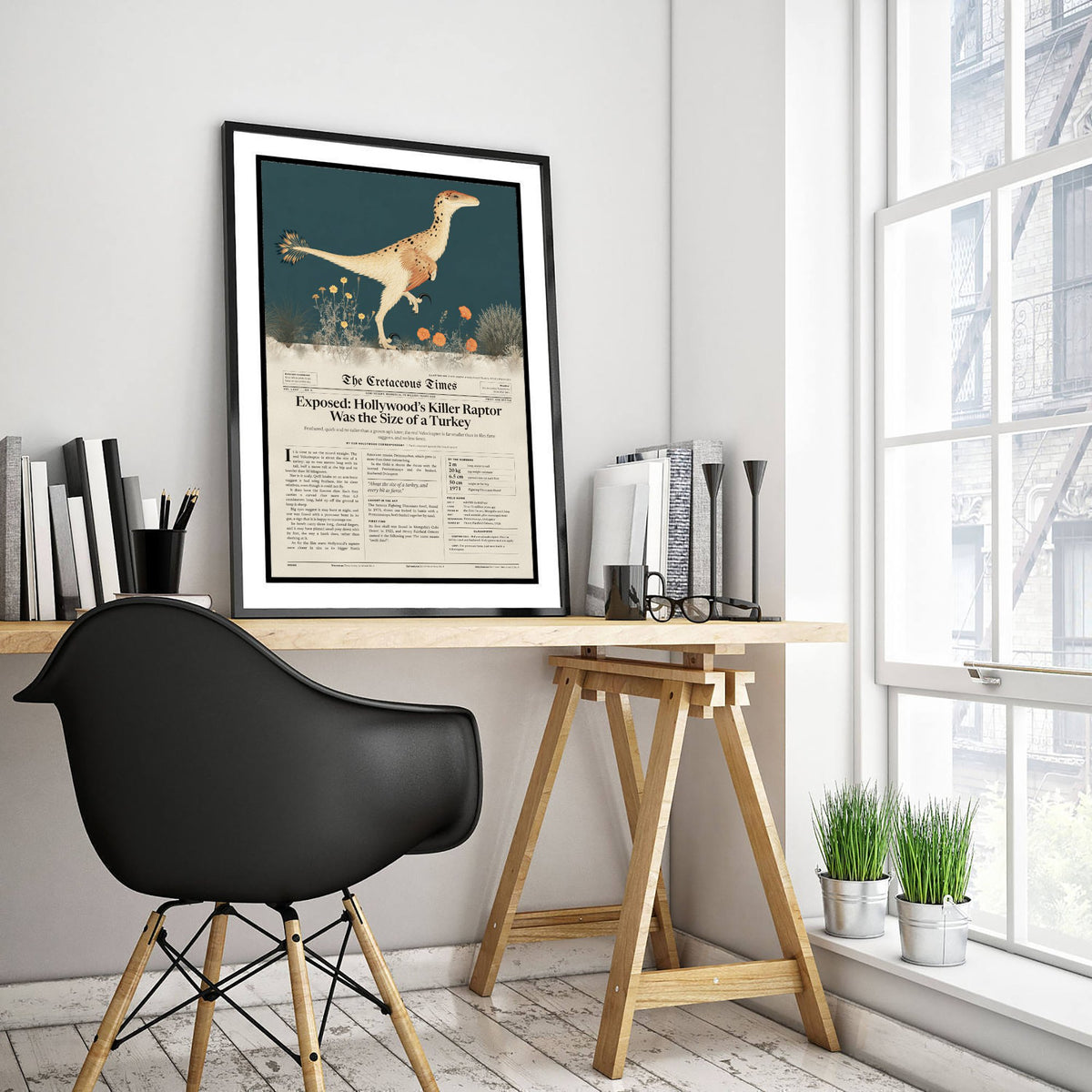 Velociraptor Art Print - Killer Raptor Was the Size of a Turkey - Feathered Dinosaur Newspaper Poster Illustration