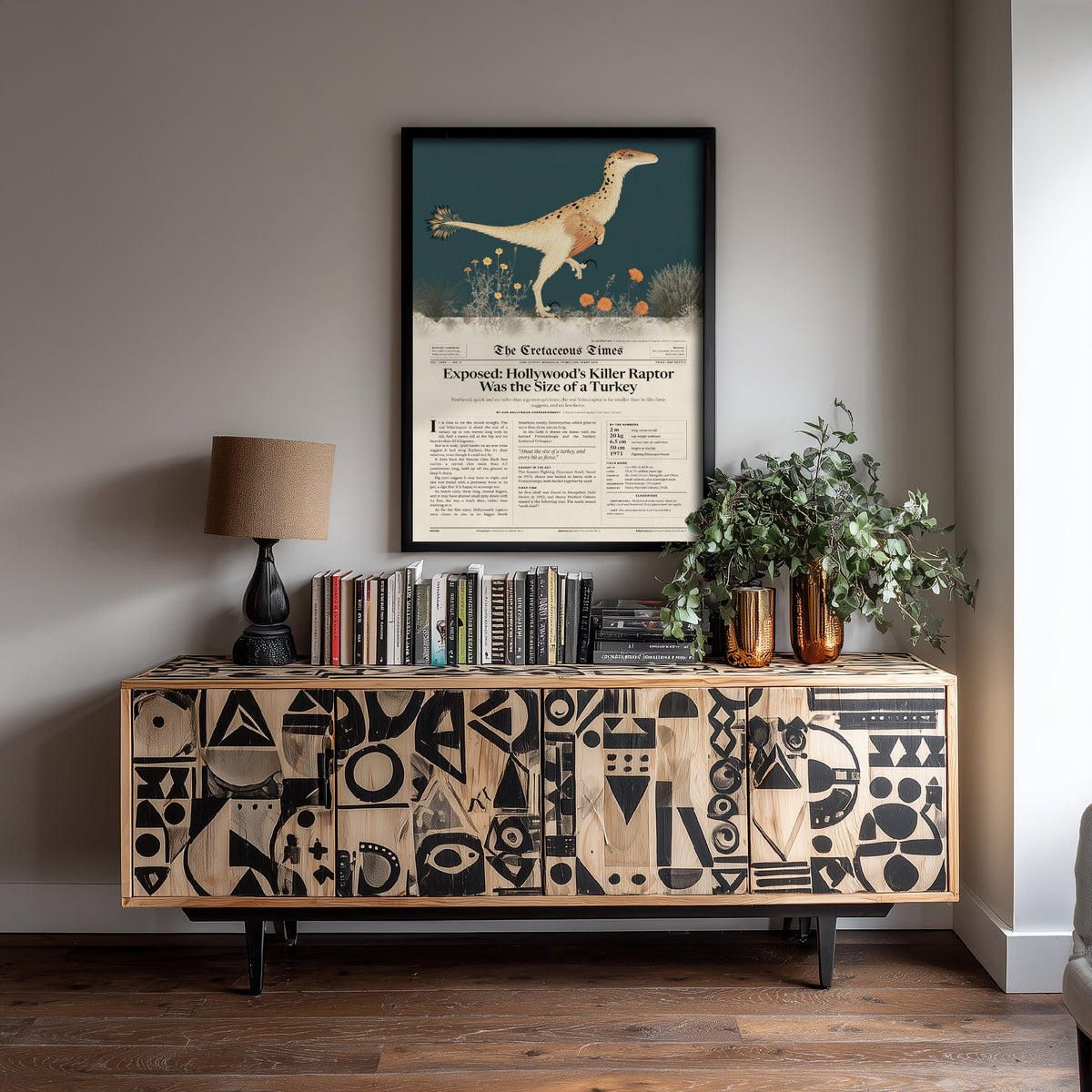 Velociraptor Art Print - Killer Raptor Was the Size of a Turkey - Feathered Dinosaur Newspaper Poster Illustration