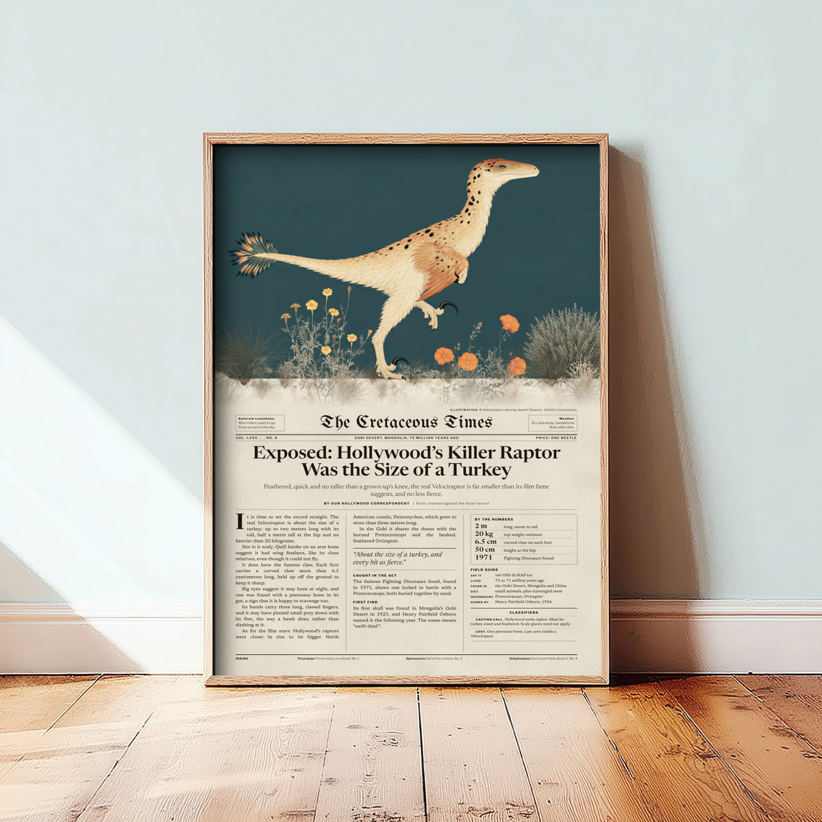 Velociraptor Art Print - Killer Raptor Was the Size of a Turkey - Feathered Dinosaur Newspaper Poster Illustration