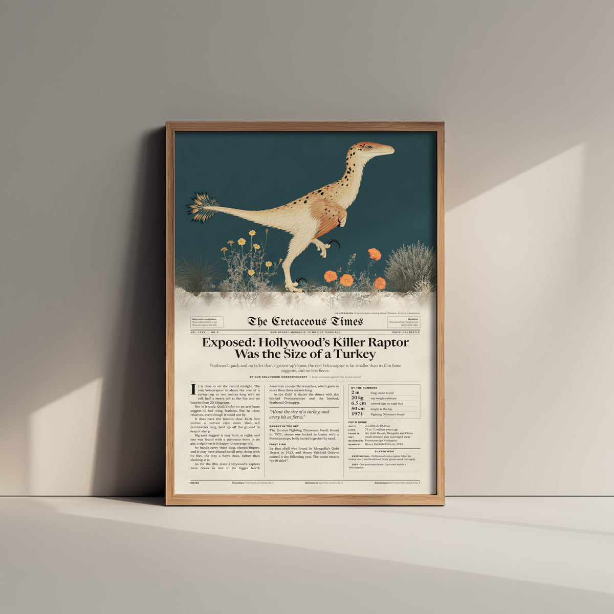 Velociraptor Art Print - Killer Raptor Was the Size of a Turkey - Feathered Dinosaur Newspaper Poster Illustration
