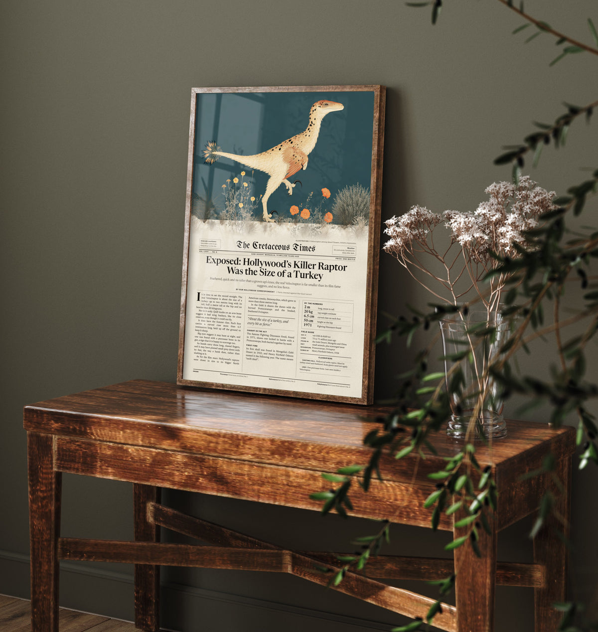 Velociraptor Art Print - Killer Raptor Was the Size of a Turkey - Feathered Dinosaur Newspaper Poster Illustration