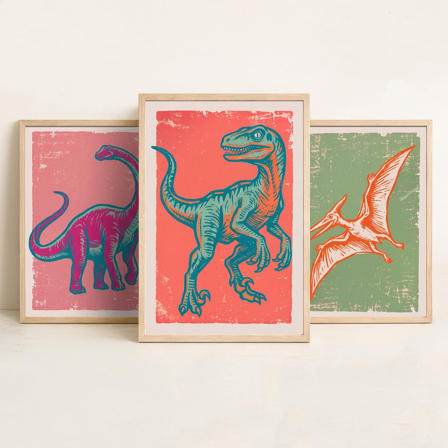 Diplodocus, Pterodactyl & Velociraptor - Set of Three Dinosaur Art Prints - Linocut Illustrations - Dino Posters V2