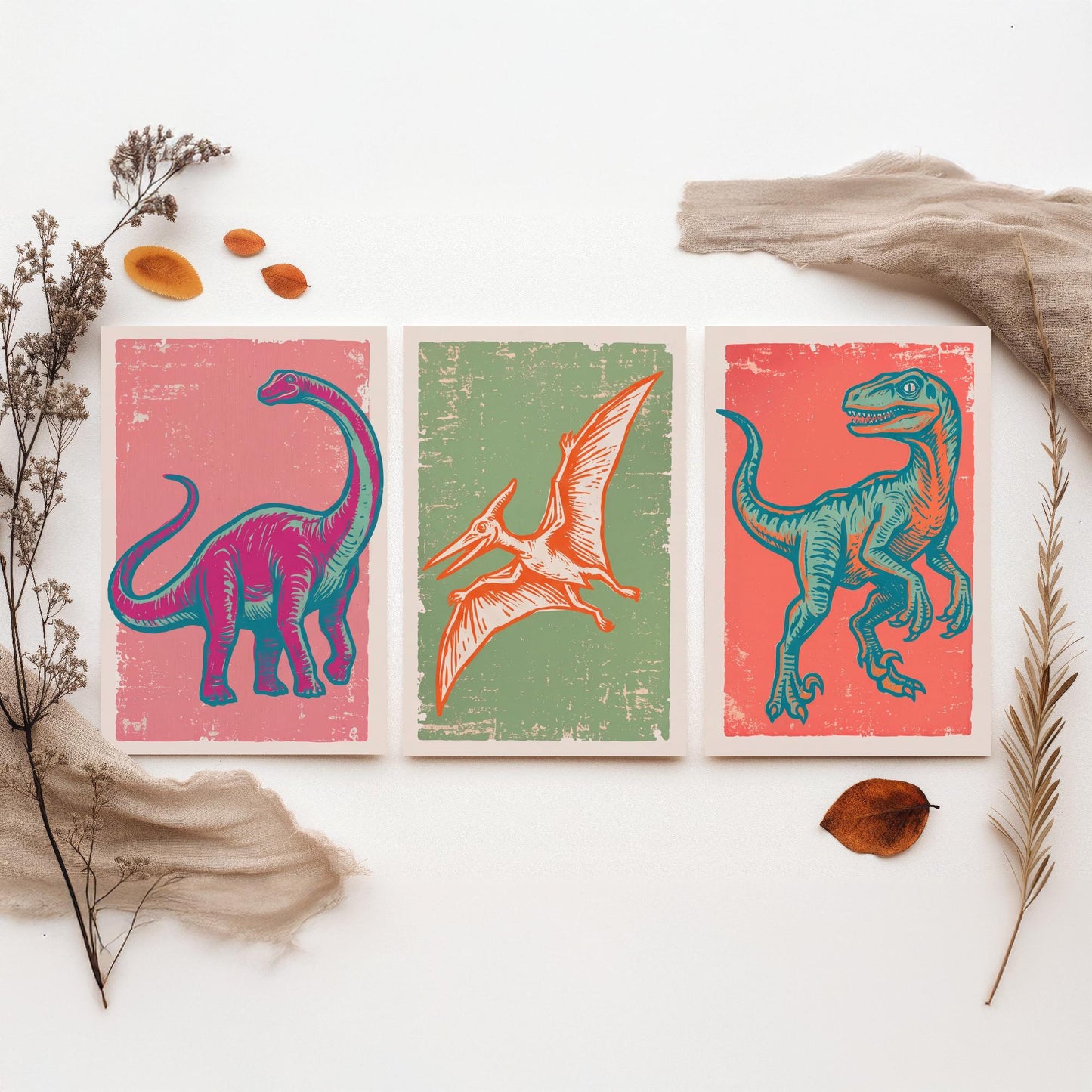 Diplodocus, Pterodactyl & Velociraptor - Set of Three Dinosaur Art Prints - Linocut Illustrations - Dino Posters V2