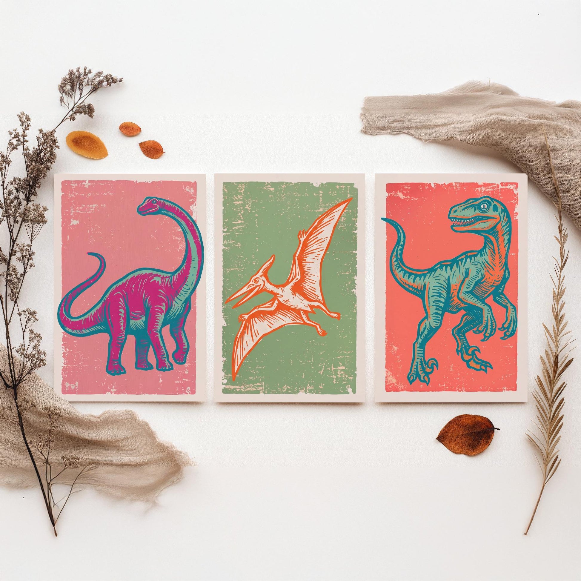 Diplodocus, Pterodactyl & Velociraptor - Set of Three Dinosaur Art Prints - Linocut Illustrations - Dino Posters V2