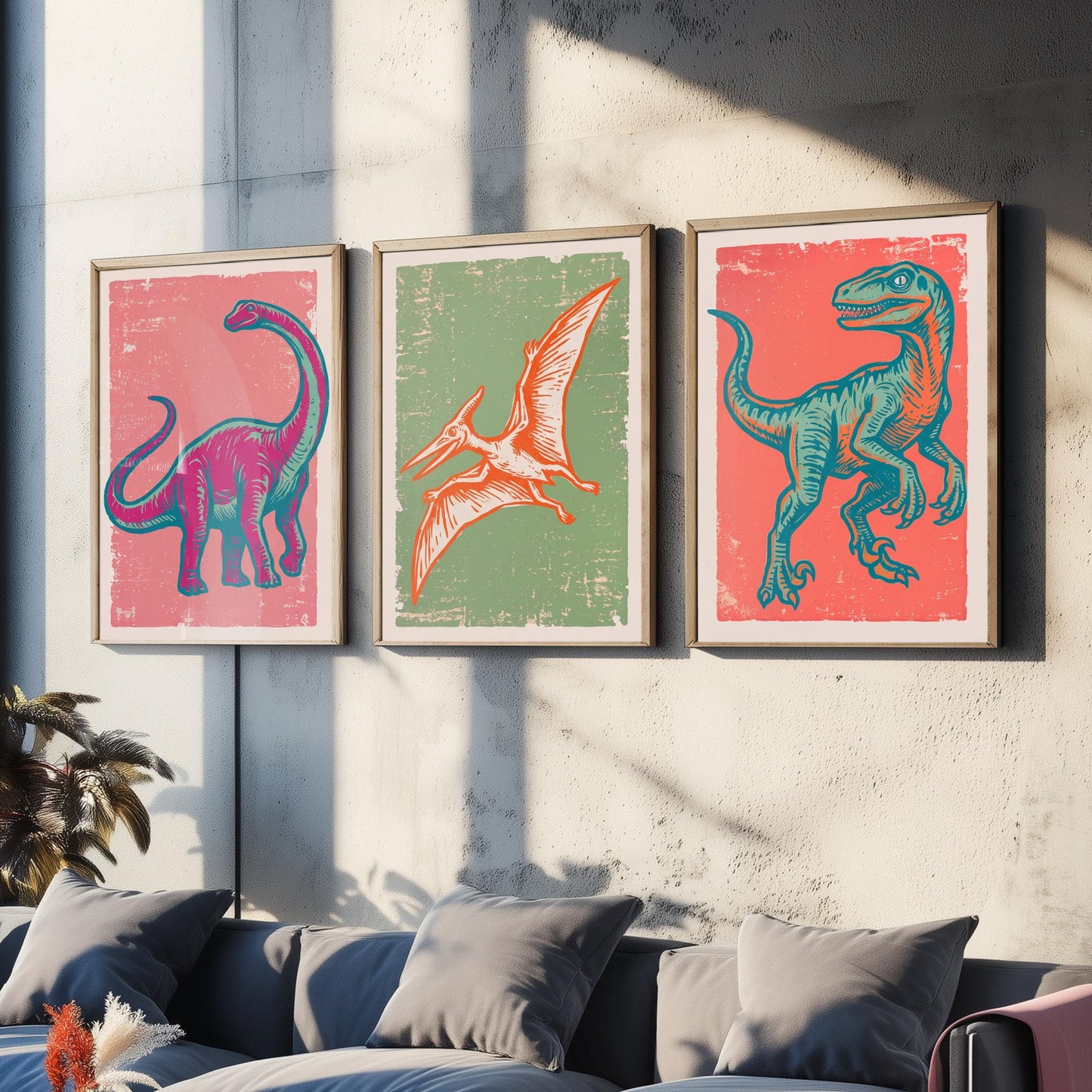 Diplodocus, Pterodactyl & Velociraptor - Set of Three Dinosaur Art Prints - Linocut Illustrations - Dino Posters V2