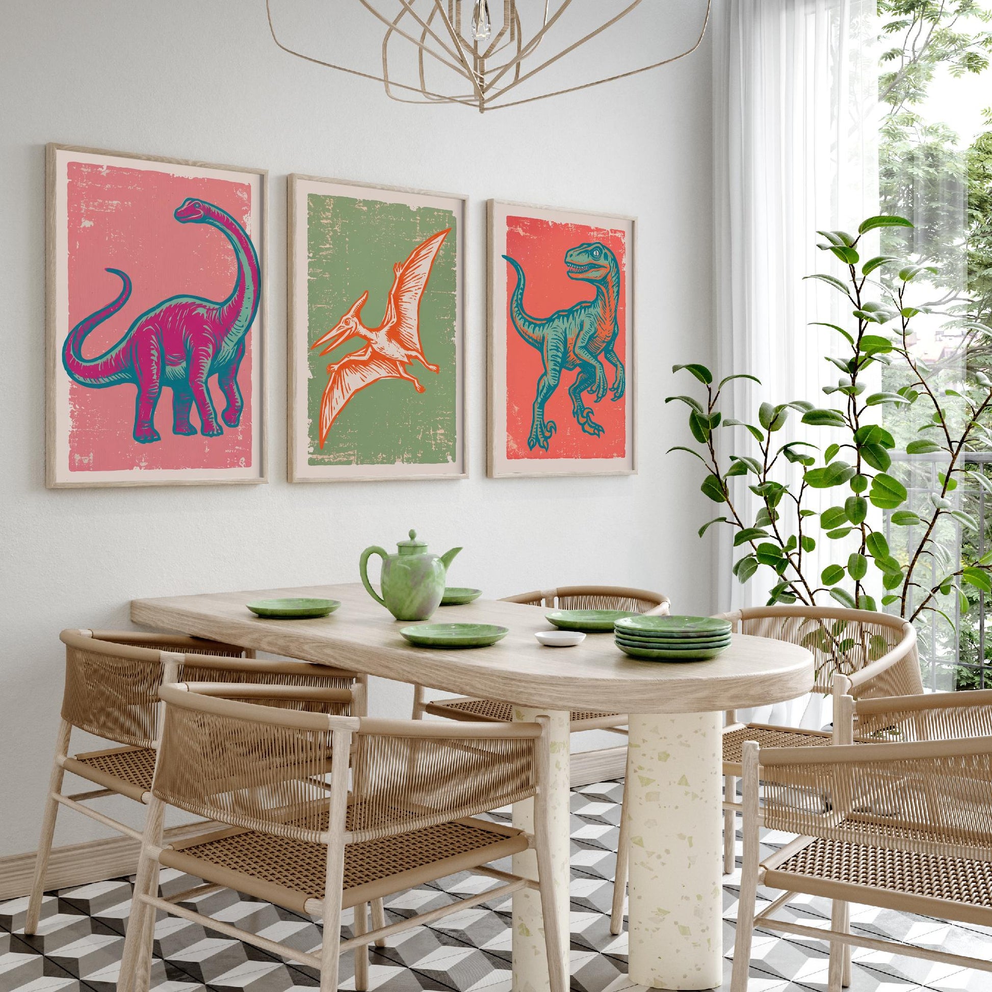 Diplodocus, Pterodactyl & Velociraptor - Set of Three Dinosaur Art Prints - Linocut Illustrations - Dino Posters V2