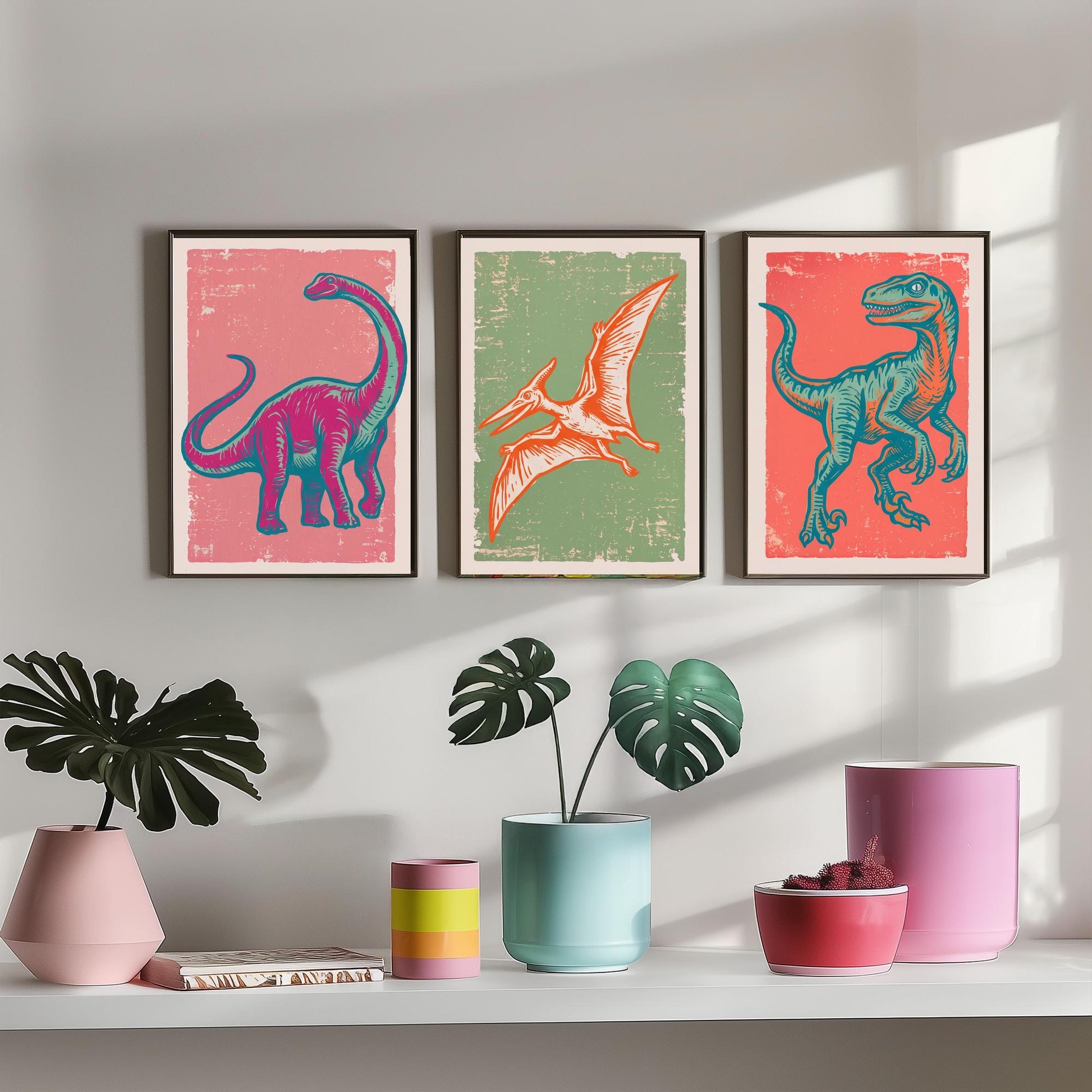 Diplodocus, Pterodactyl & Velociraptor - Set of Three Dinosaur Art Prints - Linocut Illustrations - Dino Posters V2