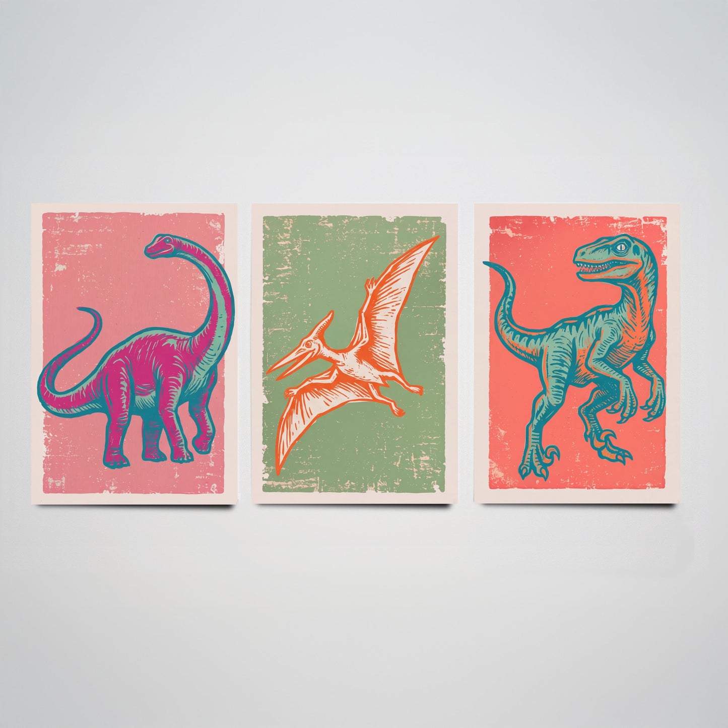 Diplodocus, Pterodactyl & Velociraptor - Set of Three Dinosaur Art Prints - Linocut Illustrations - Dino Posters V2