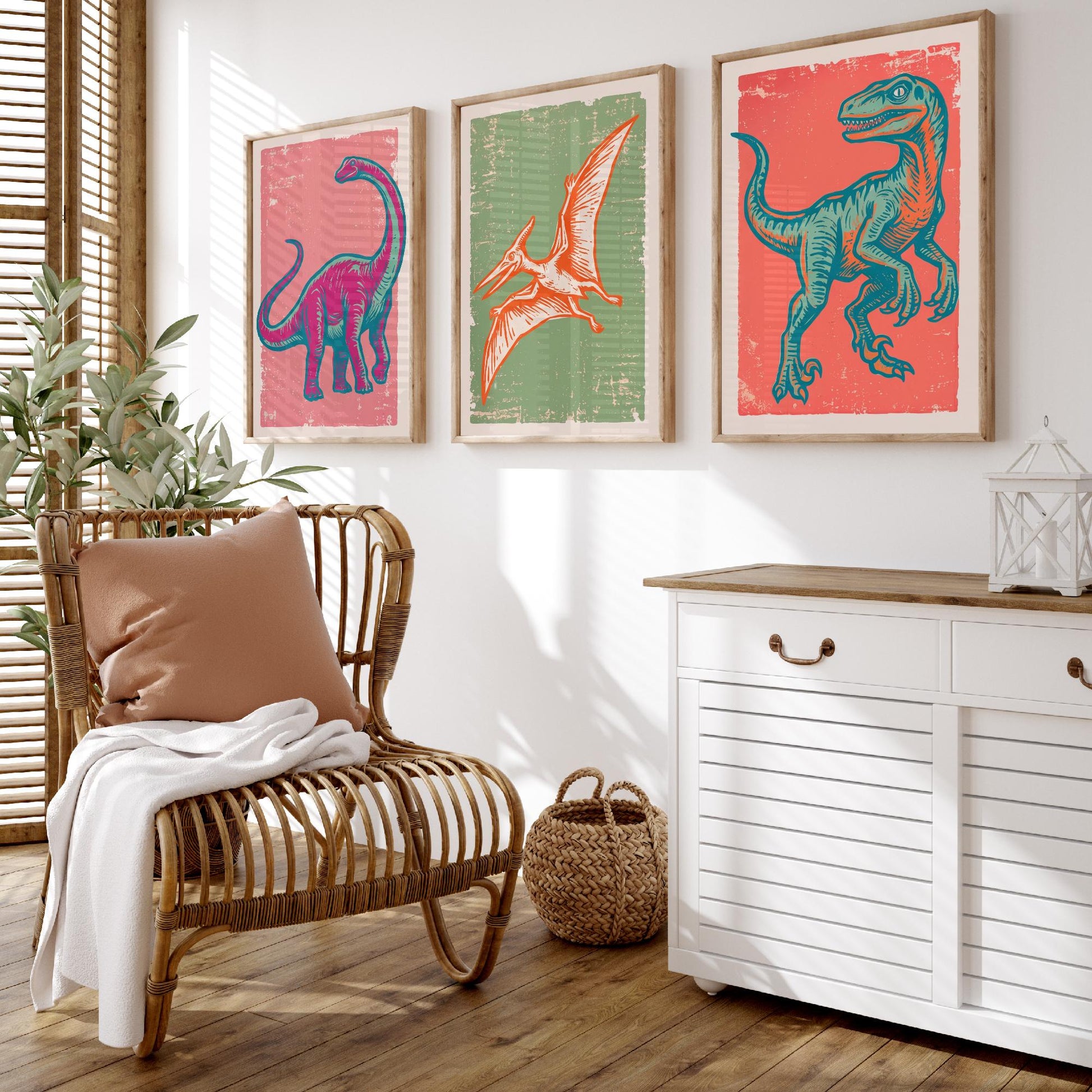 Diplodocus, Pterodactyl & Velociraptor - Set of Three Dinosaur Art Prints - Linocut Illustrations - Dino Posters V2