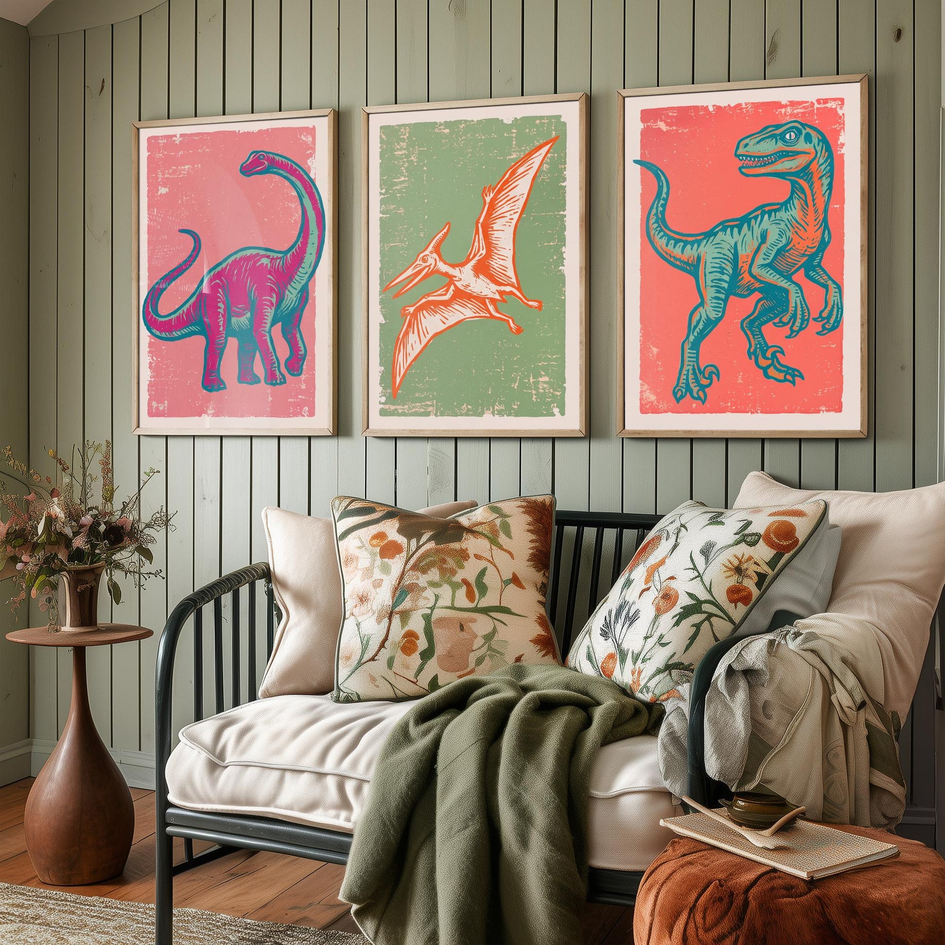 Diplodocus, Pterodactyl & Velociraptor - Set of Three Dinosaur Art Prints - Linocut Illustrations - Dino Posters V2