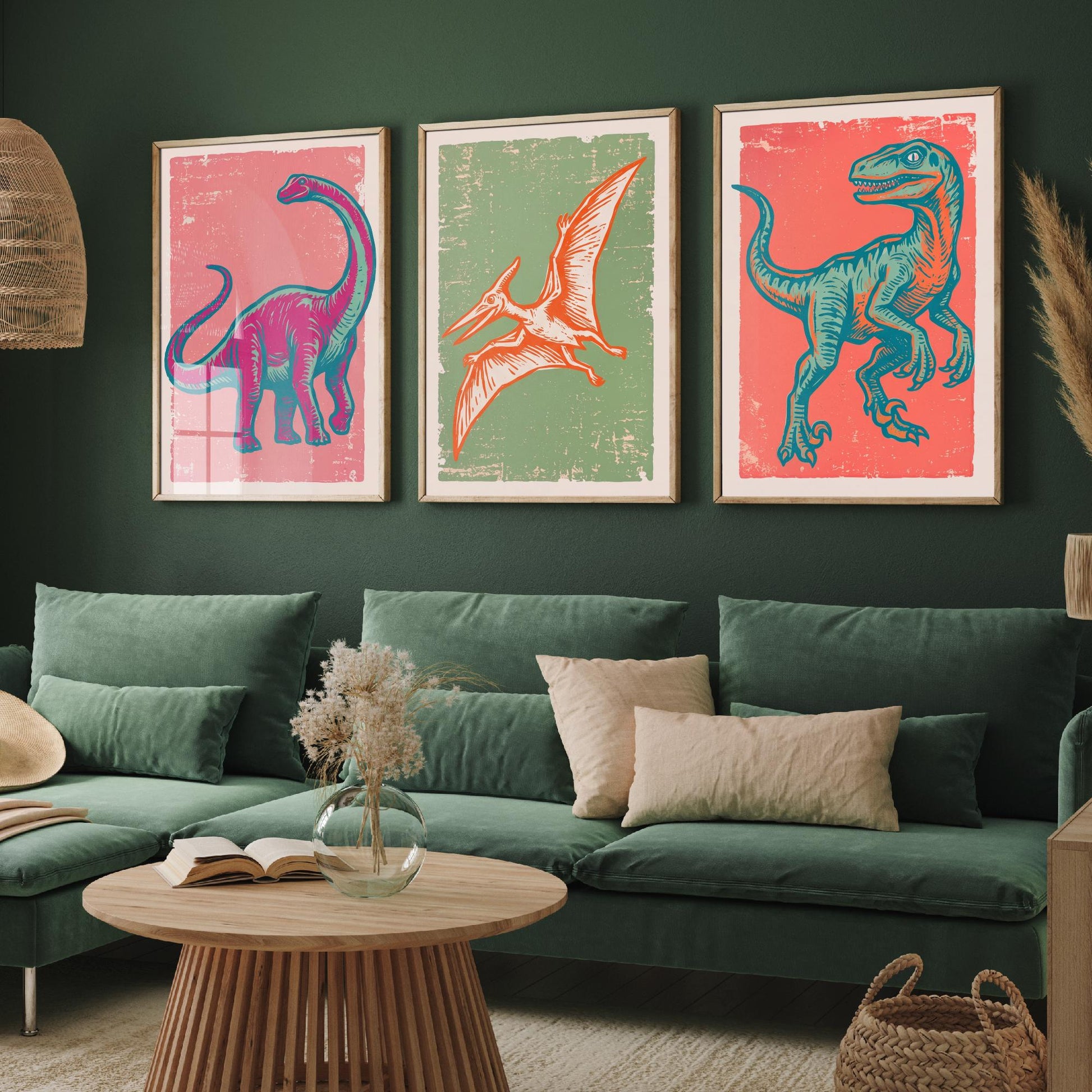 Diplodocus, Pterodactyl & Velociraptor - Set of Three Dinosaur Art Prints - Linocut Illustrations - Dino Posters V2