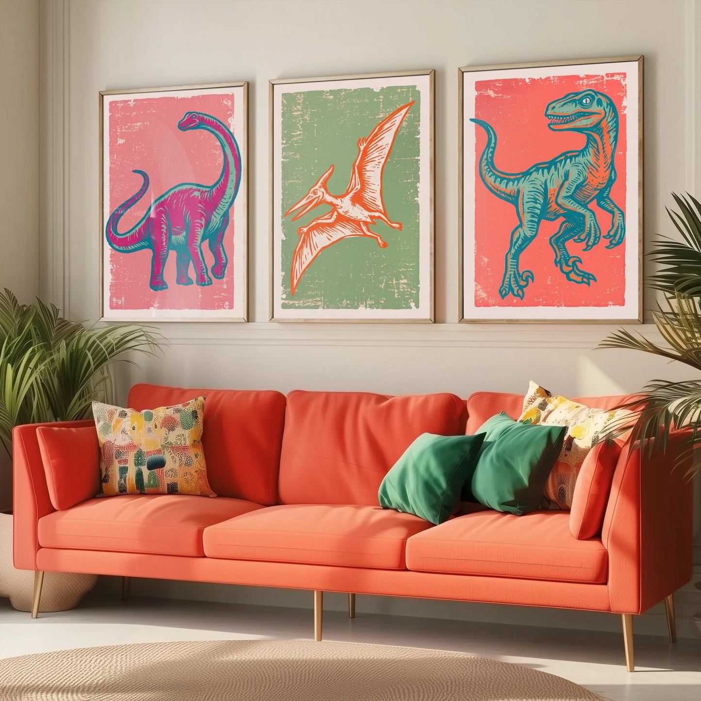 Diplodocus, Pterodactyl & Velociraptor - Set of Three Dinosaur Art Prints - Linocut Illustrations - Dino Posters V2