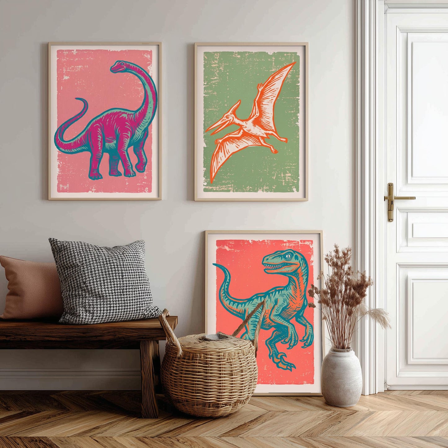 Diplodocus, Pterodactyl & Velociraptor - Set of Three Dinosaur Art Prints - Linocut Illustrations - Dino Posters V2