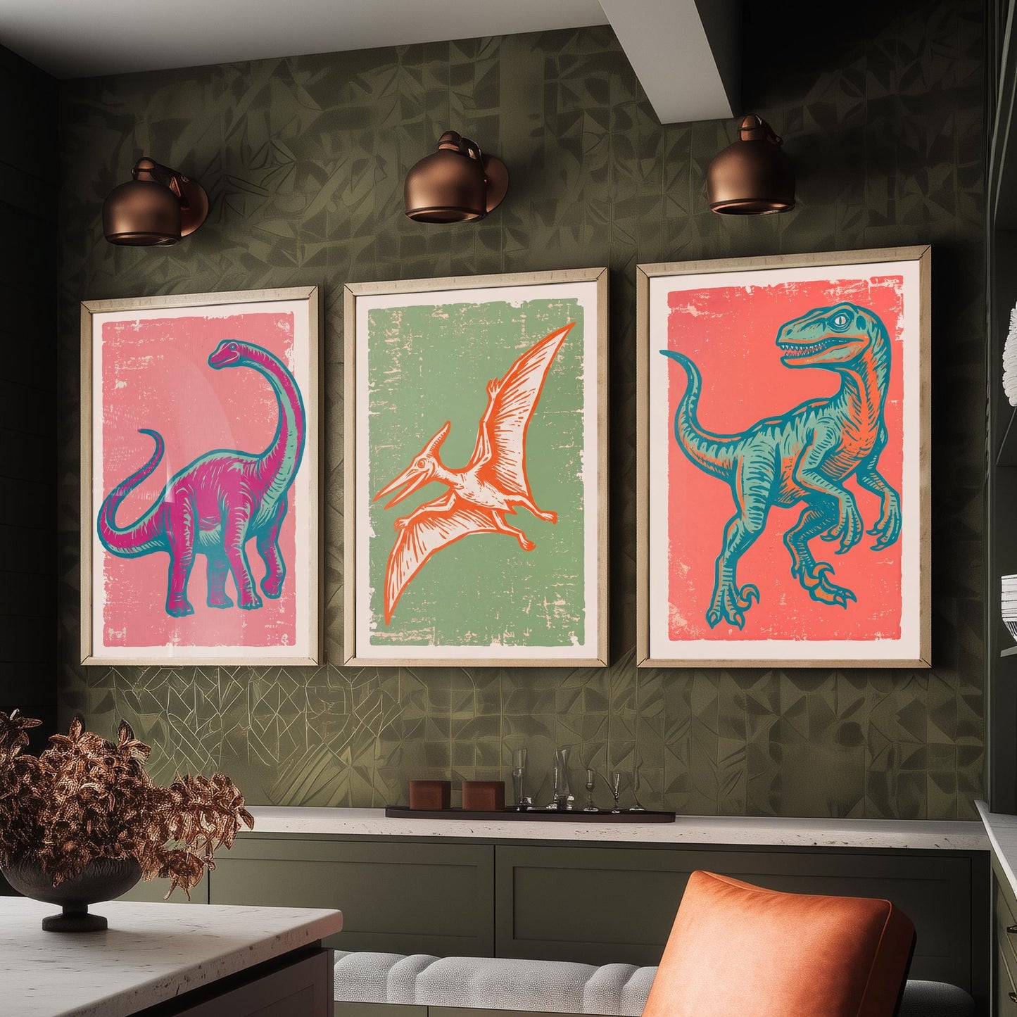 Diplodocus, Pterodactyl & Velociraptor - Set of Three Dinosaur Art Prints - Linocut Illustrations - Dino Posters V2