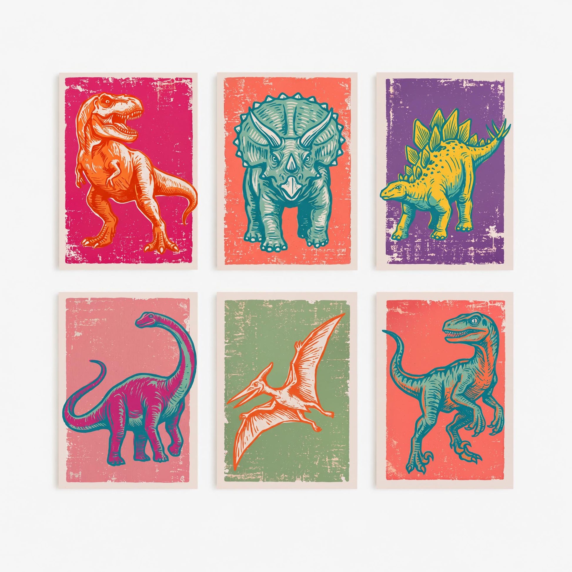 Set of Six Dinosaur Art Prints - 6 Linocut Illustrations - T-Rex, Triceratops, Stegosaurus, Brontosaurus, Pterodactyl, Raptor - Dino Posters