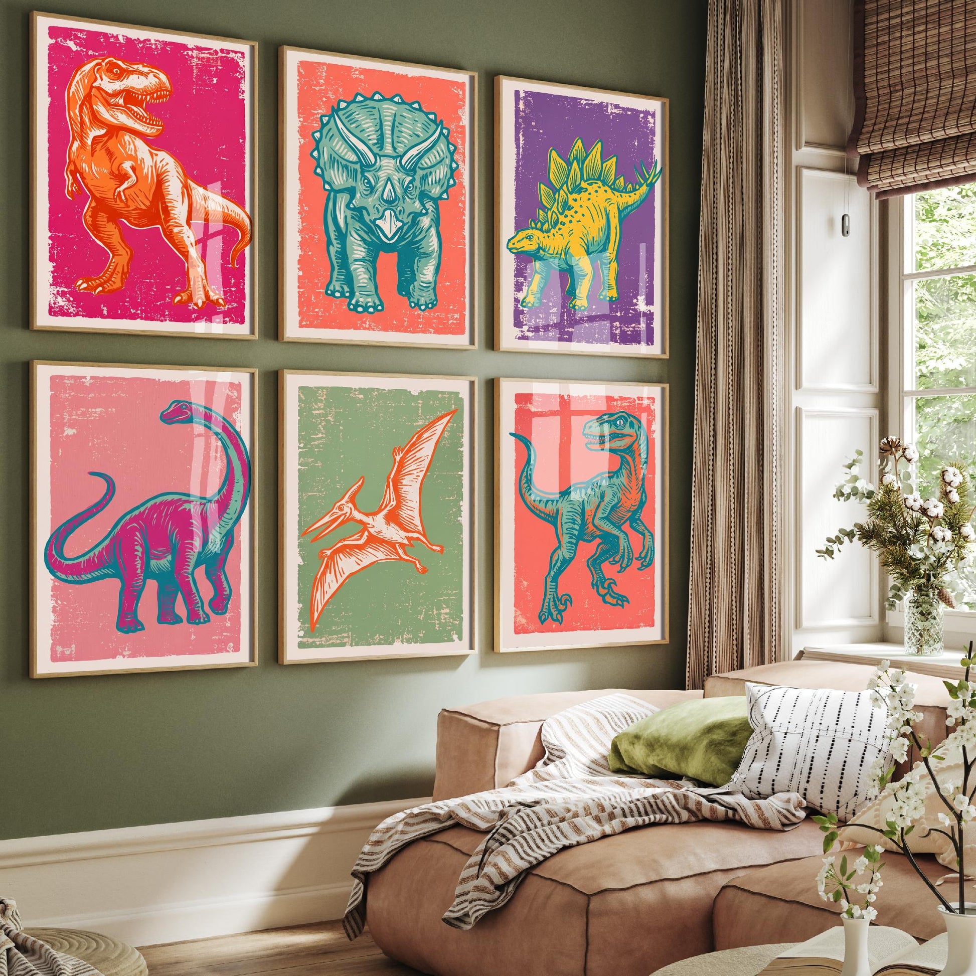 Set of Six Dinosaur Art Prints - 6 Linocut Illustrations - T-Rex, Triceratops, Stegosaurus, Brontosaurus, Pterodactyl, Raptor - Dino Posters