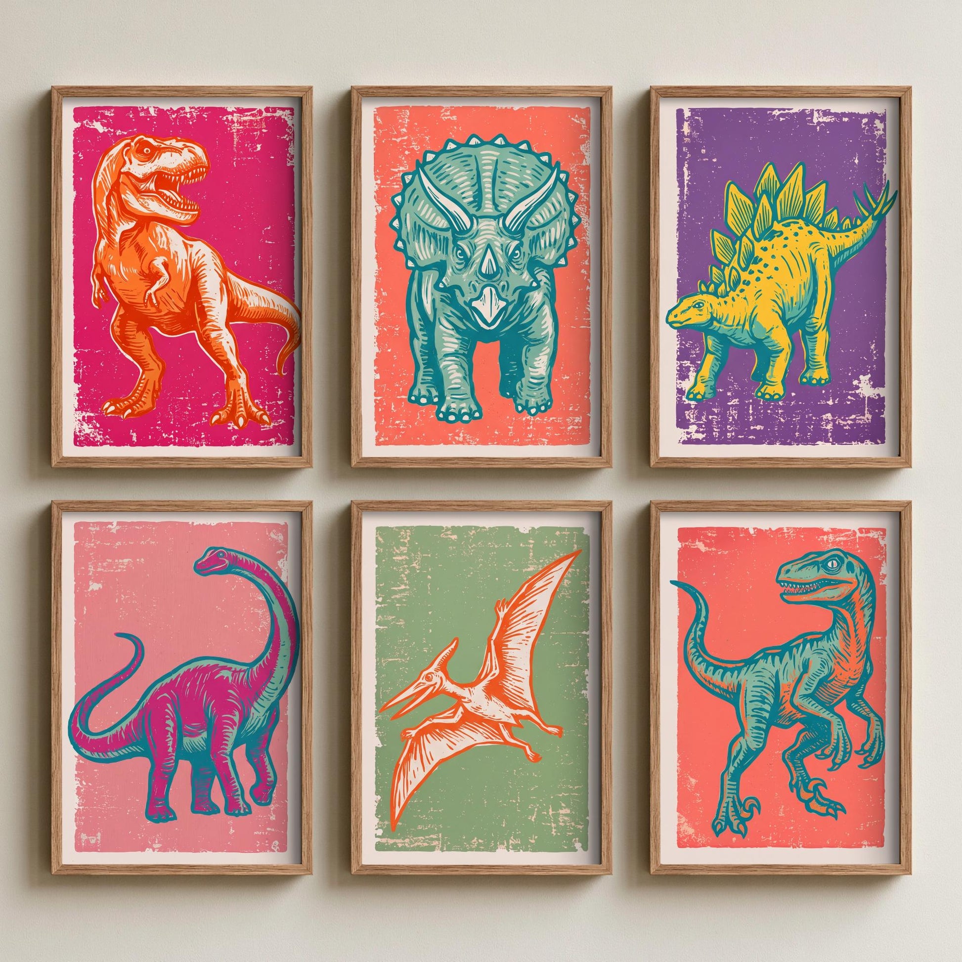 Set of Six Dinosaur Art Prints - 6 Linocut Illustrations - T-Rex, Triceratops, Stegosaurus, Brontosaurus, Pterodactyl, Raptor - Dino Posters