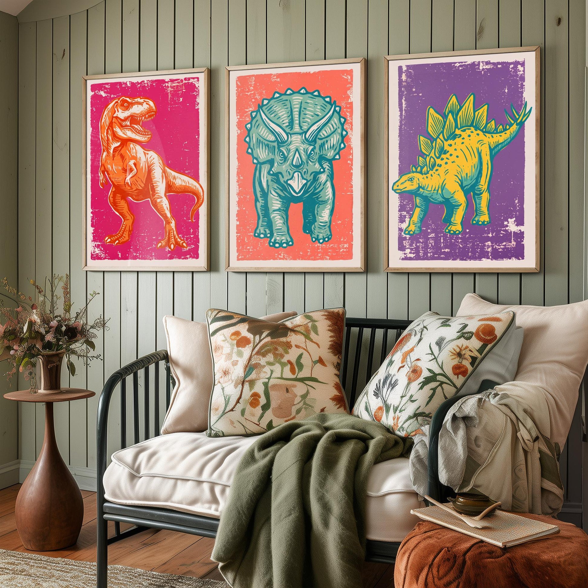 T-Rex, Triceratops & Stegosaurus - Set of Three Dinosaur Art Prints - Linocut Illustrations - Dino Posters V1