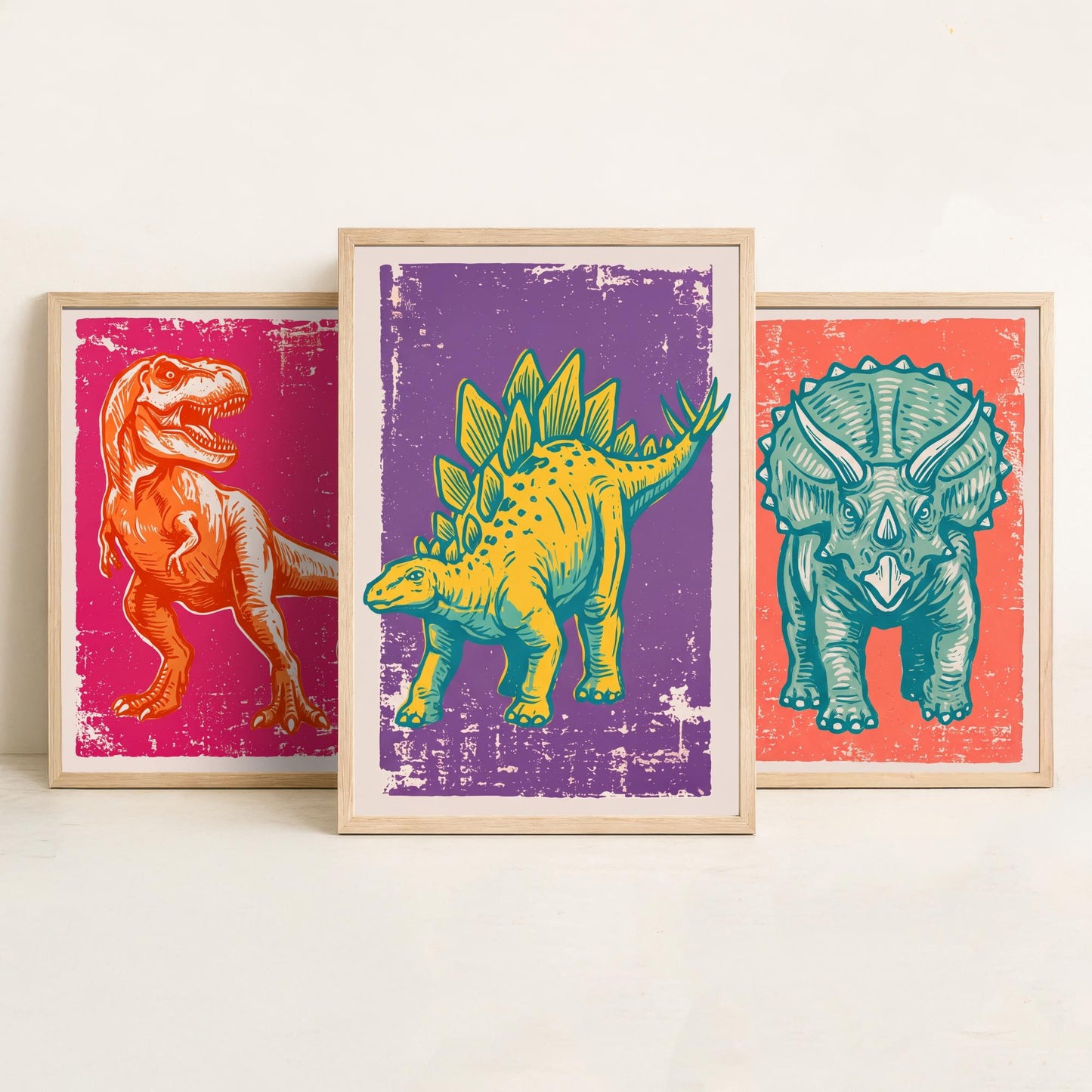 T-Rex, Triceratops & Stegosaurus - Set of Three Dinosaur Art Prints - Linocut Illustrations - Dino Posters V1